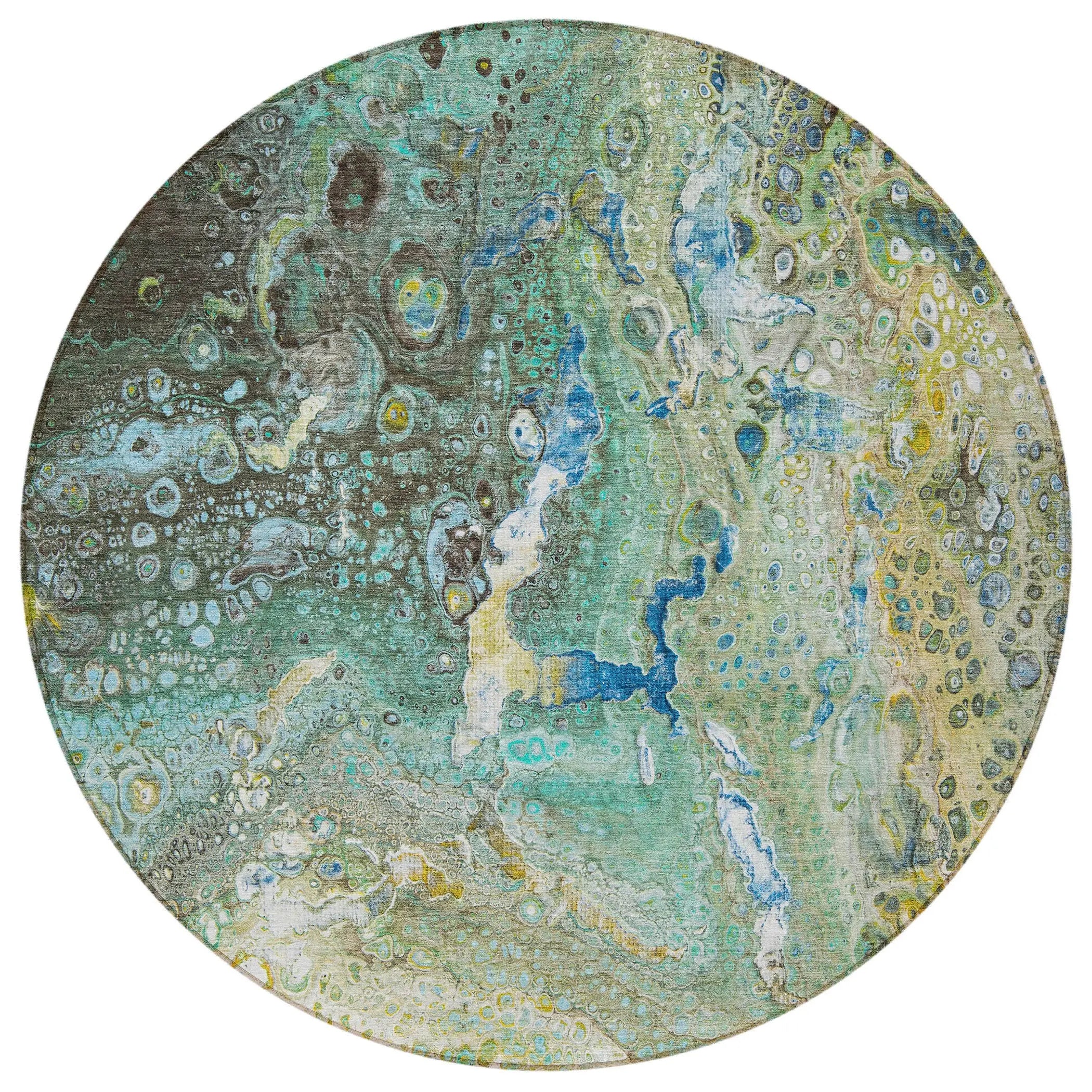 8' Teal Blue Lime Green And Green Round Abstract Washable Indoor Outdoor Area Rug - GreatEagleInc