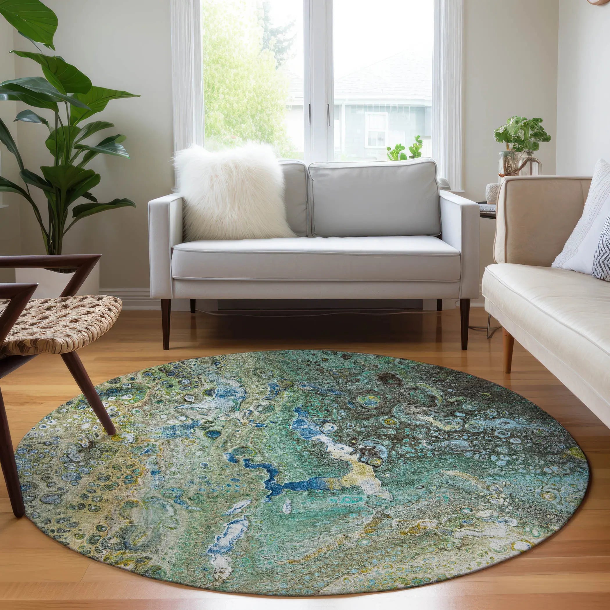 8' Teal Blue Lime Green And Green Round Abstract Washable Indoor Outdoor Area Rug - GreatEagleInc