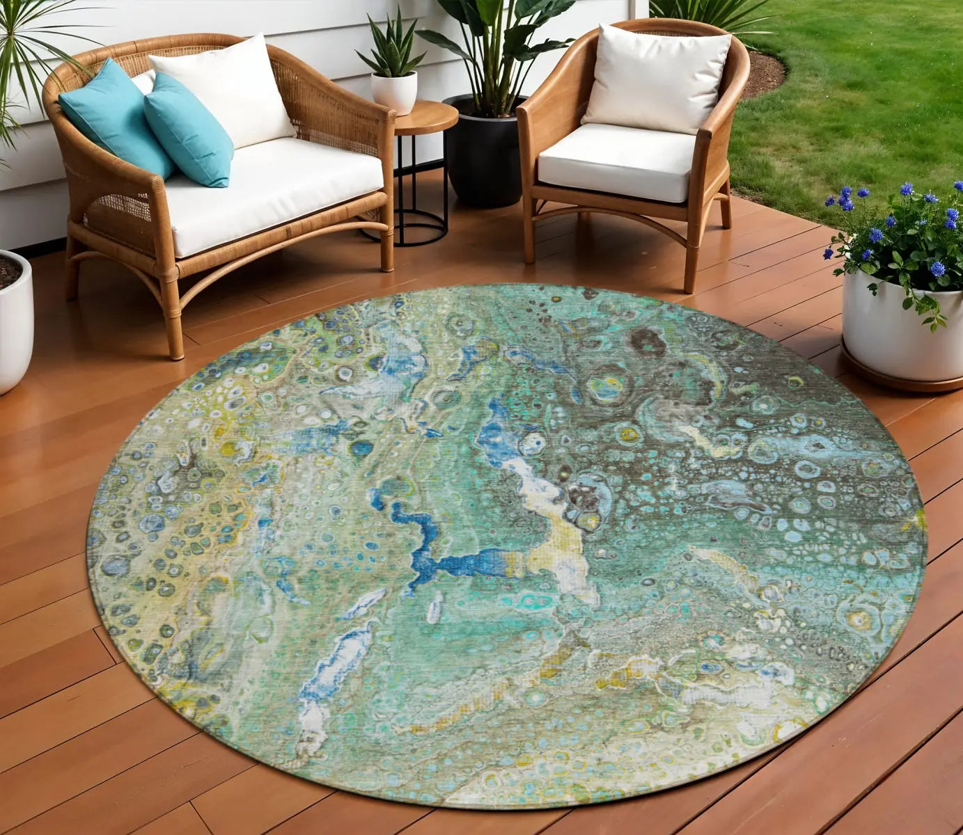 8' Teal Blue Lime Green And Green Round Abstract Washable Indoor Outdoor Area Rug - GreatEagleInc
