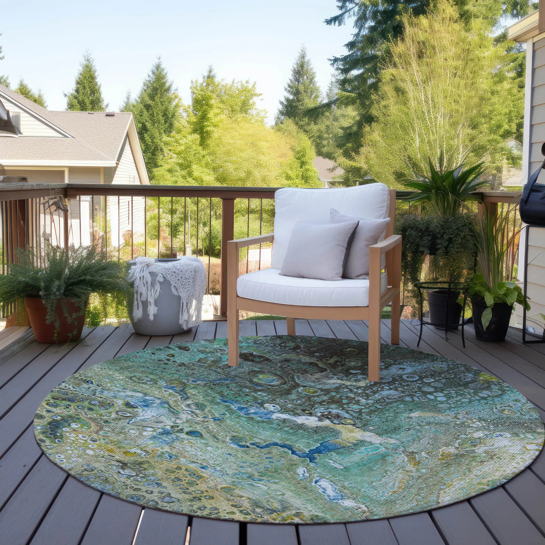 8' Teal Blue Lime Green And Green Round Abstract Washable Indoor Outdoor Area Rug - GreatEagleInc