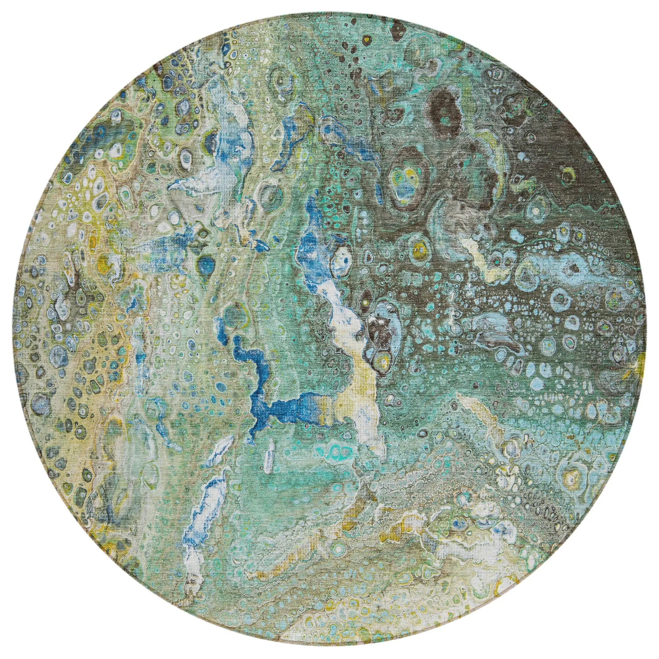 8' Teal Blue Lime Green And Green Round Abstract Washable Indoor Outdoor Area Rug - GreatEagleInc