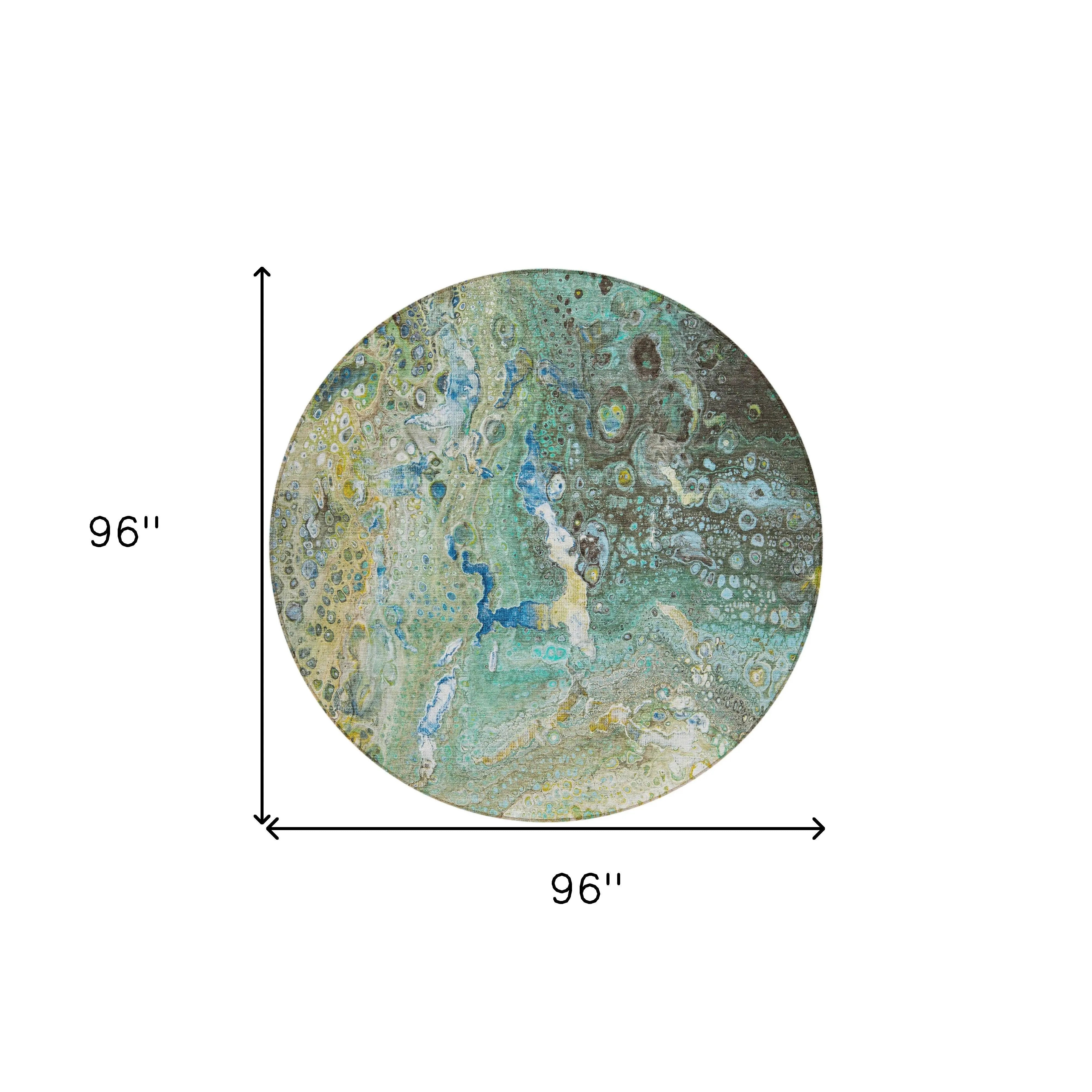 8' Teal Blue Lime Green And Green Round Abstract Washable Indoor Outdoor Area Rug - GreatEagleInc