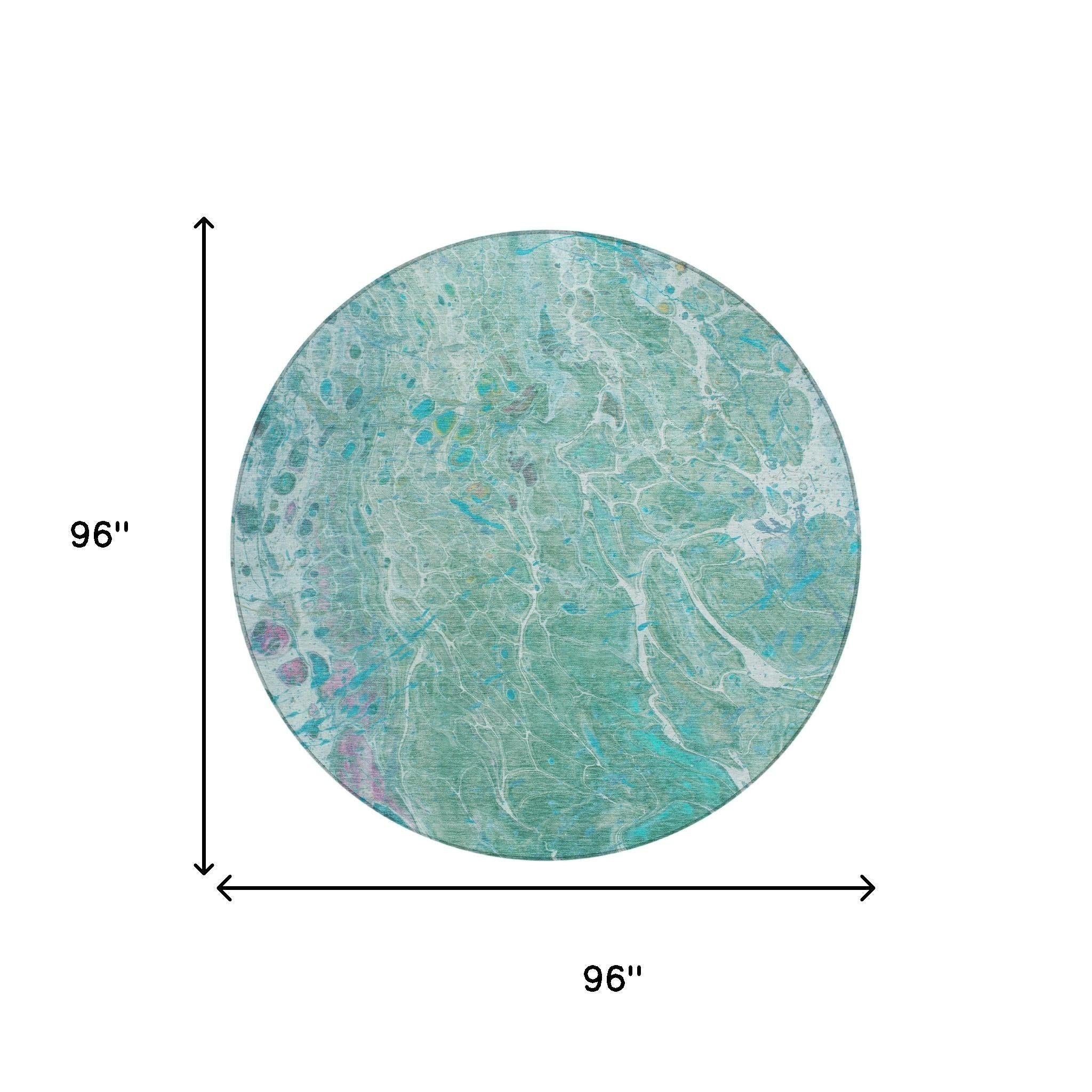 8' Turquoise And Teal Blue Round Abstract Washable Indoor Outdoor Area Rug Homeroots Outdoor