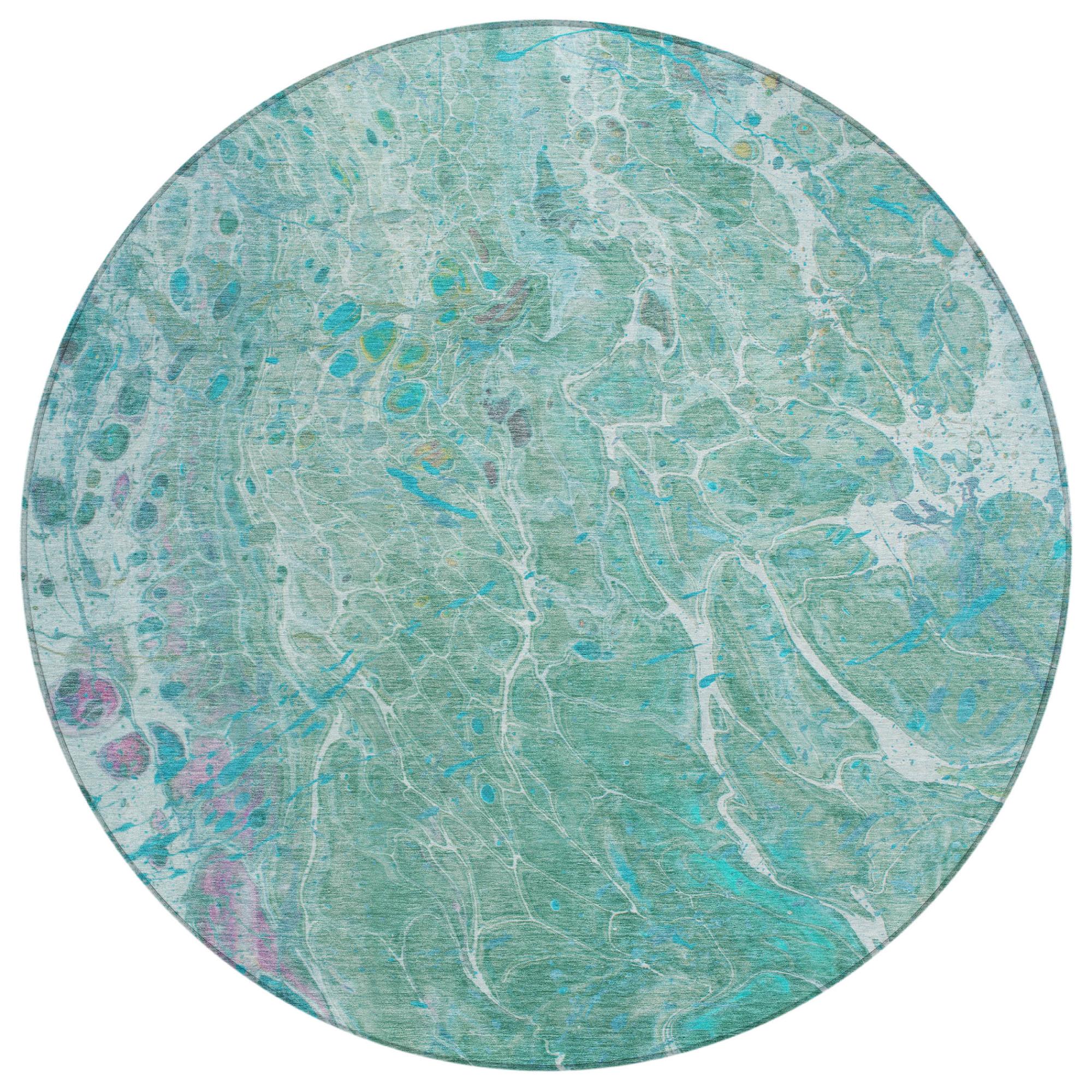 8' Turquoise And Teal Blue Round Abstract Washable Indoor Outdoor Area Rug Homeroots Outdoor