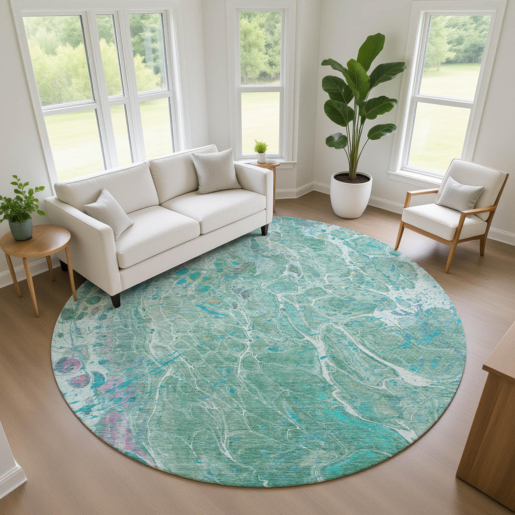 8' Turquoise And Teal Blue Round Abstract Washable Indoor Outdoor Area Rug Homeroots Outdoor