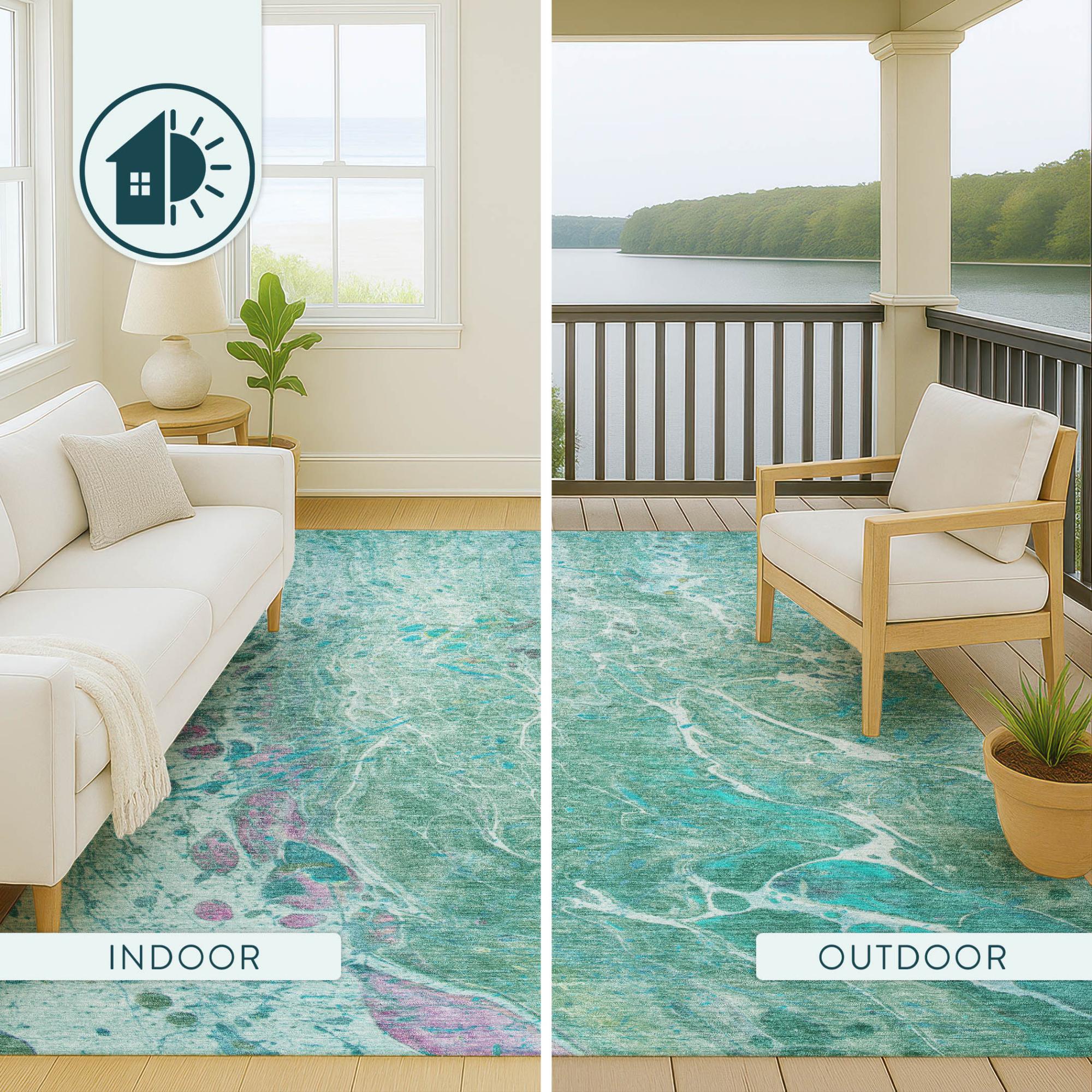 8' Turquoise And Teal Blue Round Abstract Washable Indoor Outdoor Area Rug Homeroots Outdoor