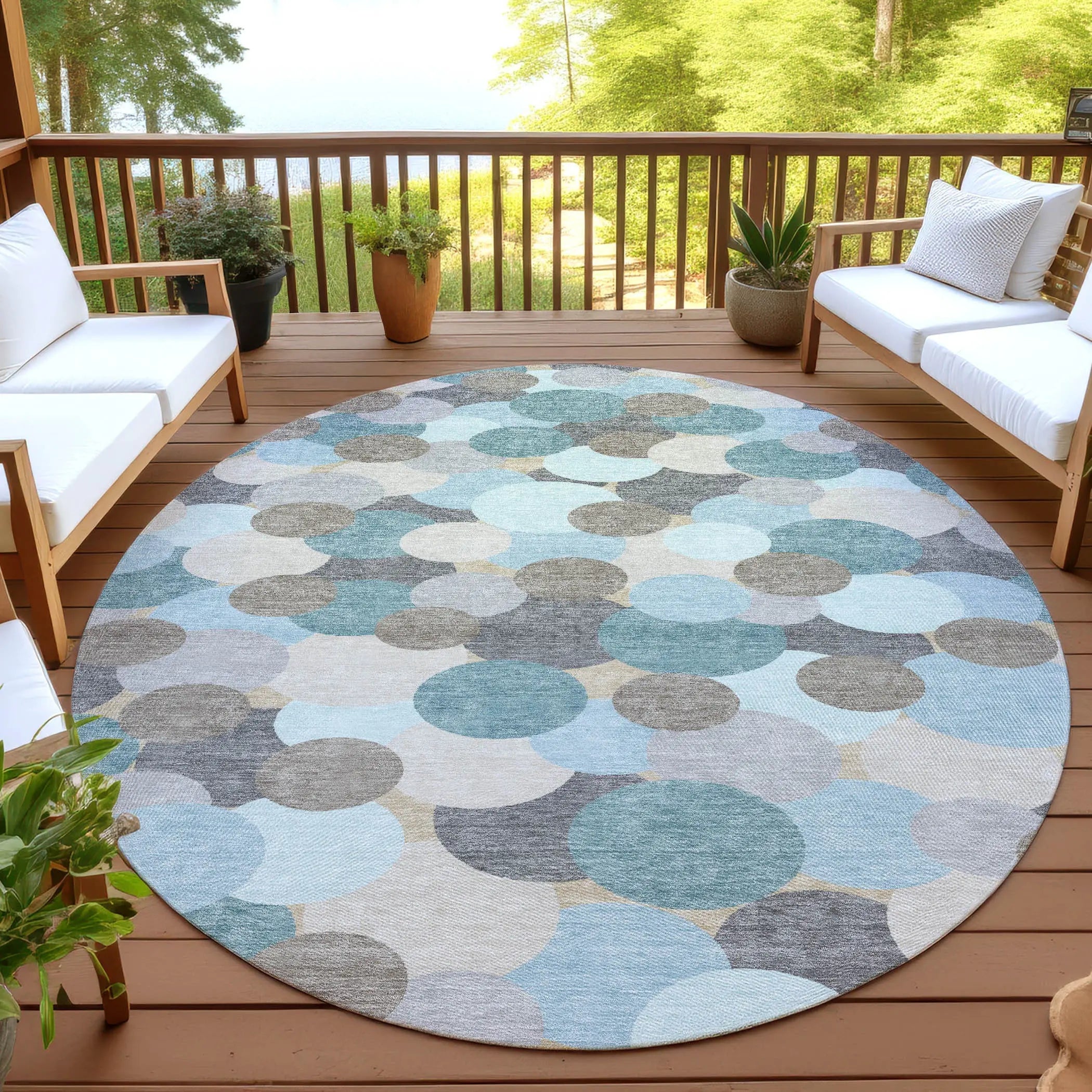 8' Turquoise And Teal Blue Round Geometric Washable Indoor Outdoor Area Rug Homeroots Outdoor