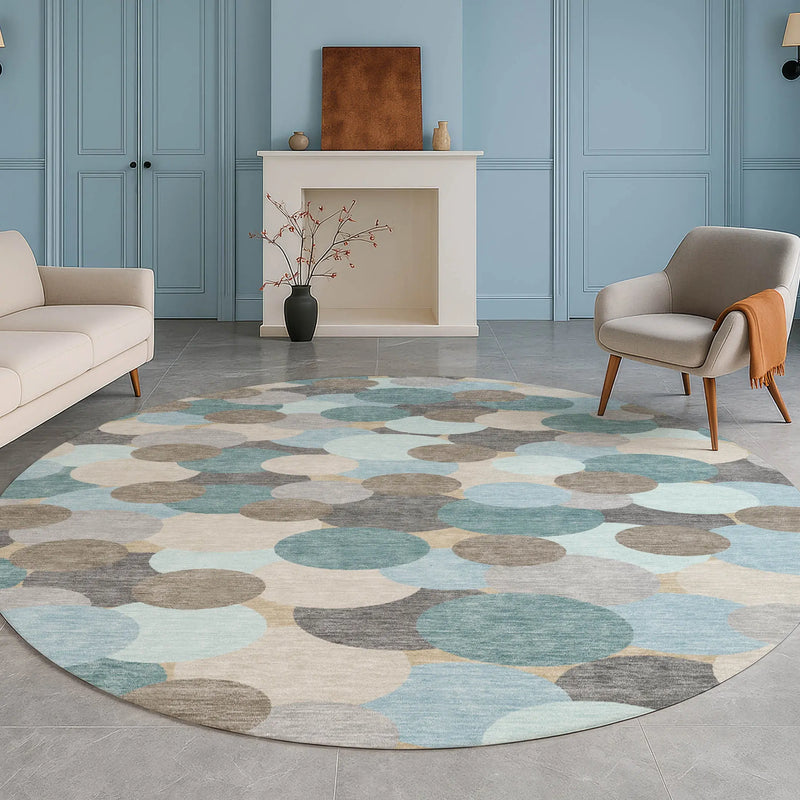 8' Turquoise And Teal Blue Round Geometric Washable Indoor Outdoor Area Rug Homeroots Outdoor