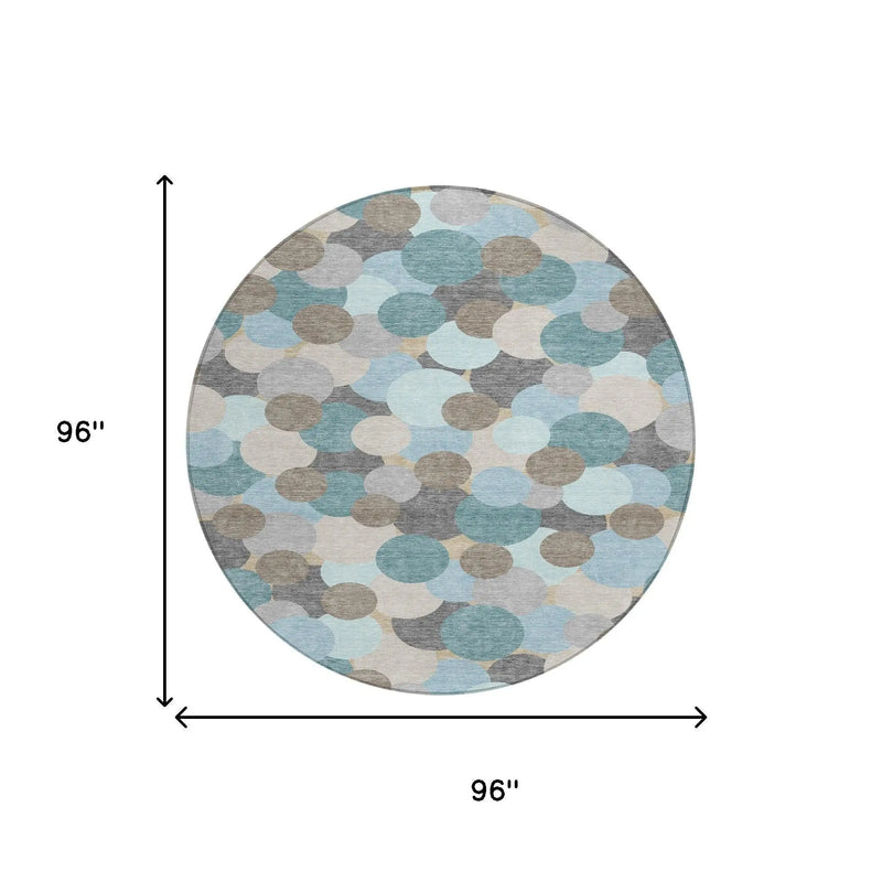 8' Turquoise And Teal Blue Round Geometric Washable Indoor Outdoor Area Rug Homeroots Outdoor