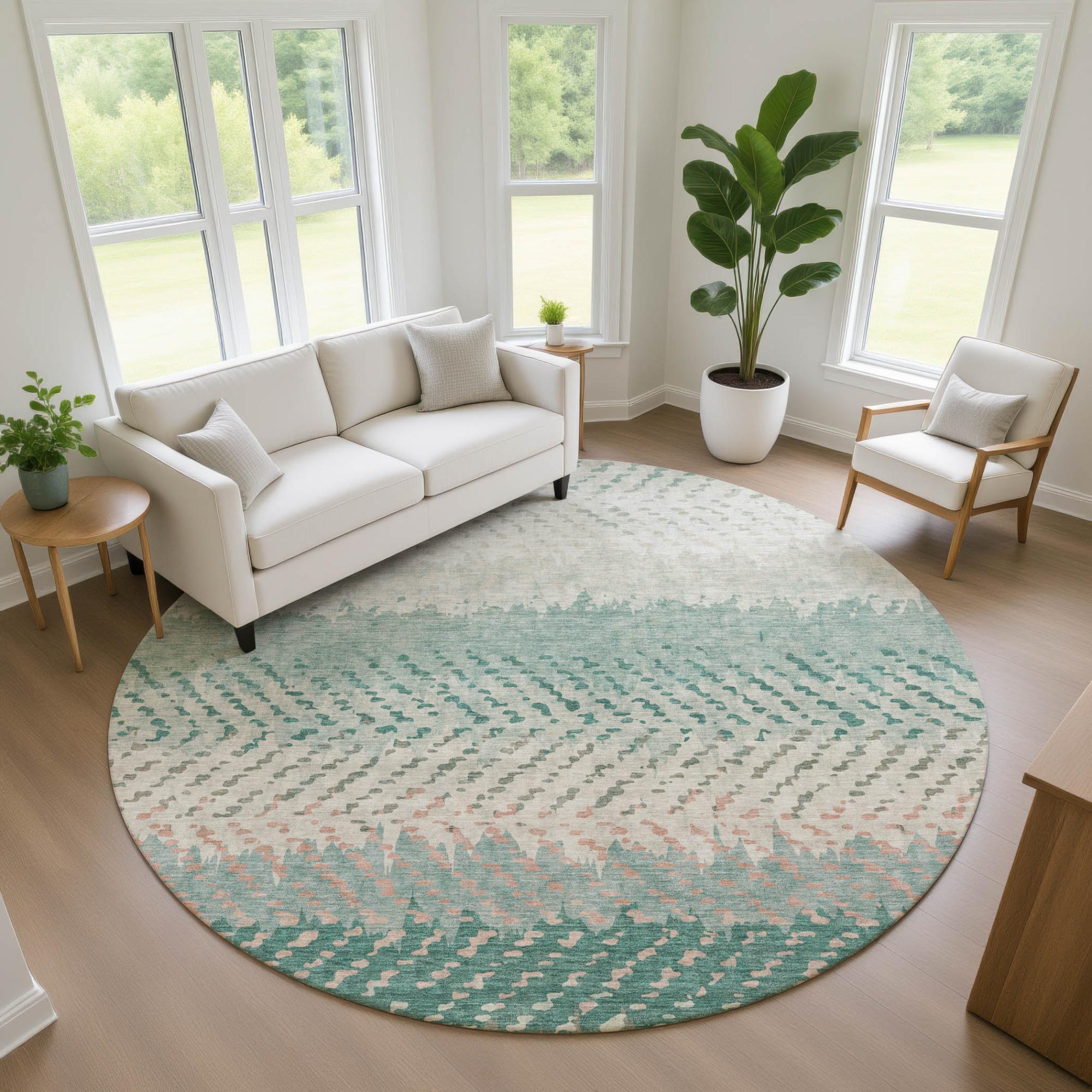 8' Turquoise And Teal Blue Round Striped Washable Indoor Outdoor Area Rug Homeroots Outdoor