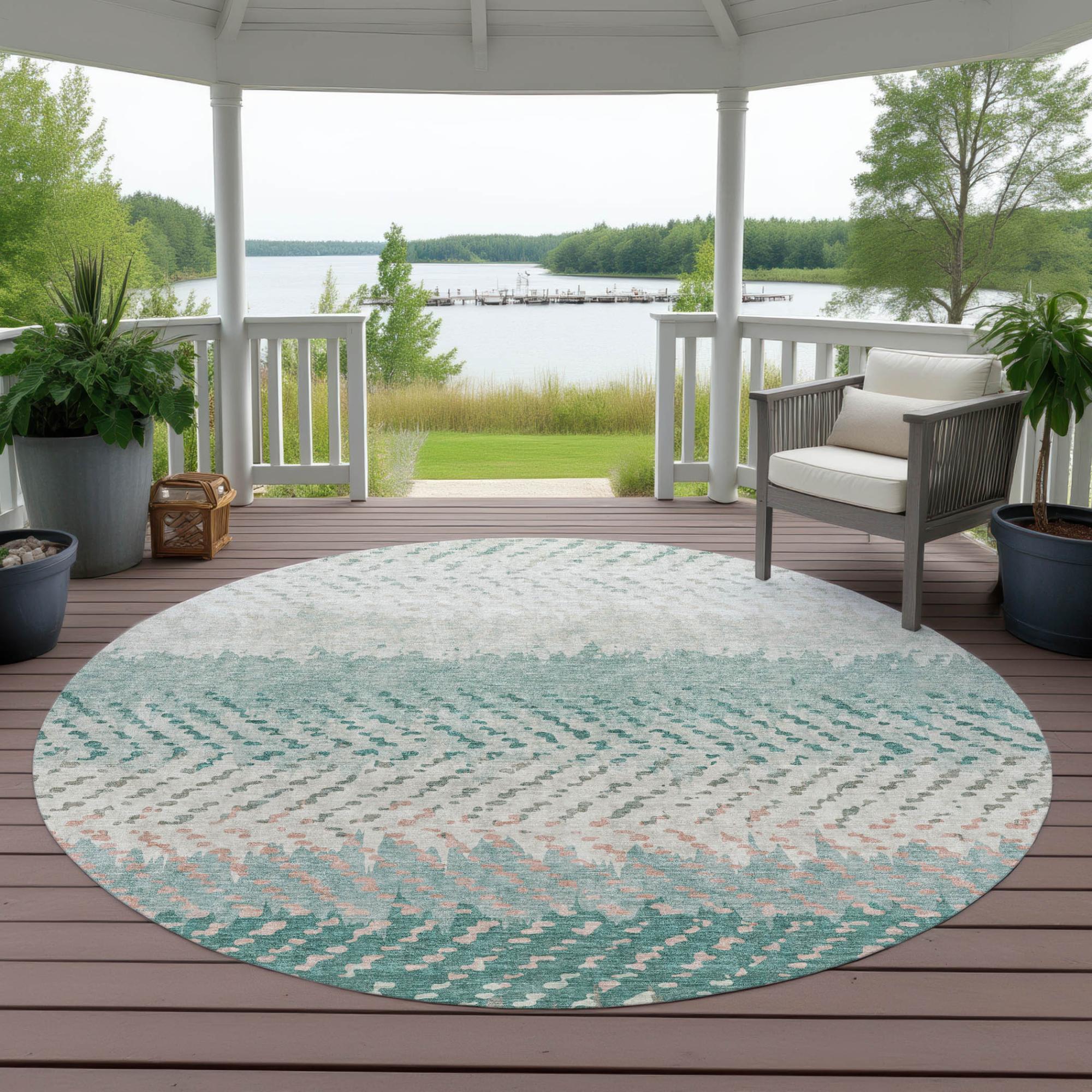 8' Turquoise And Teal Blue Round Striped Washable Indoor Outdoor Area Rug Homeroots Outdoor