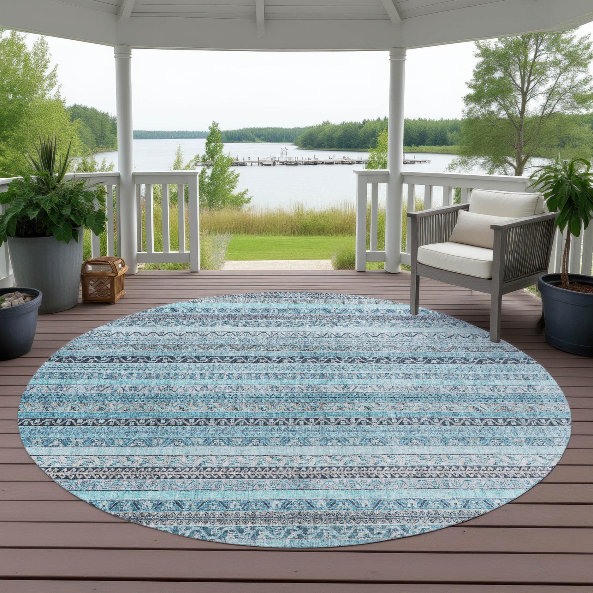 8' Turquoise And Teal Blue Round Striped Washable Indoor Outdoor Area Rug Homeroots Outdoor