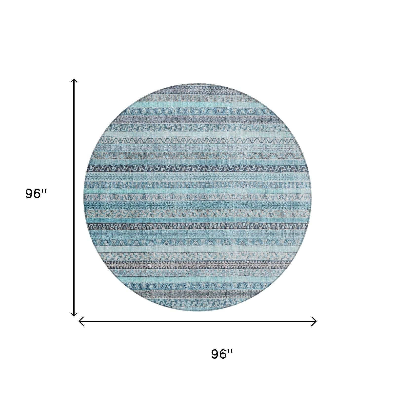8' Turquoise And Teal Blue Round Striped Washable Indoor Outdoor Area Rug Homeroots Outdoor