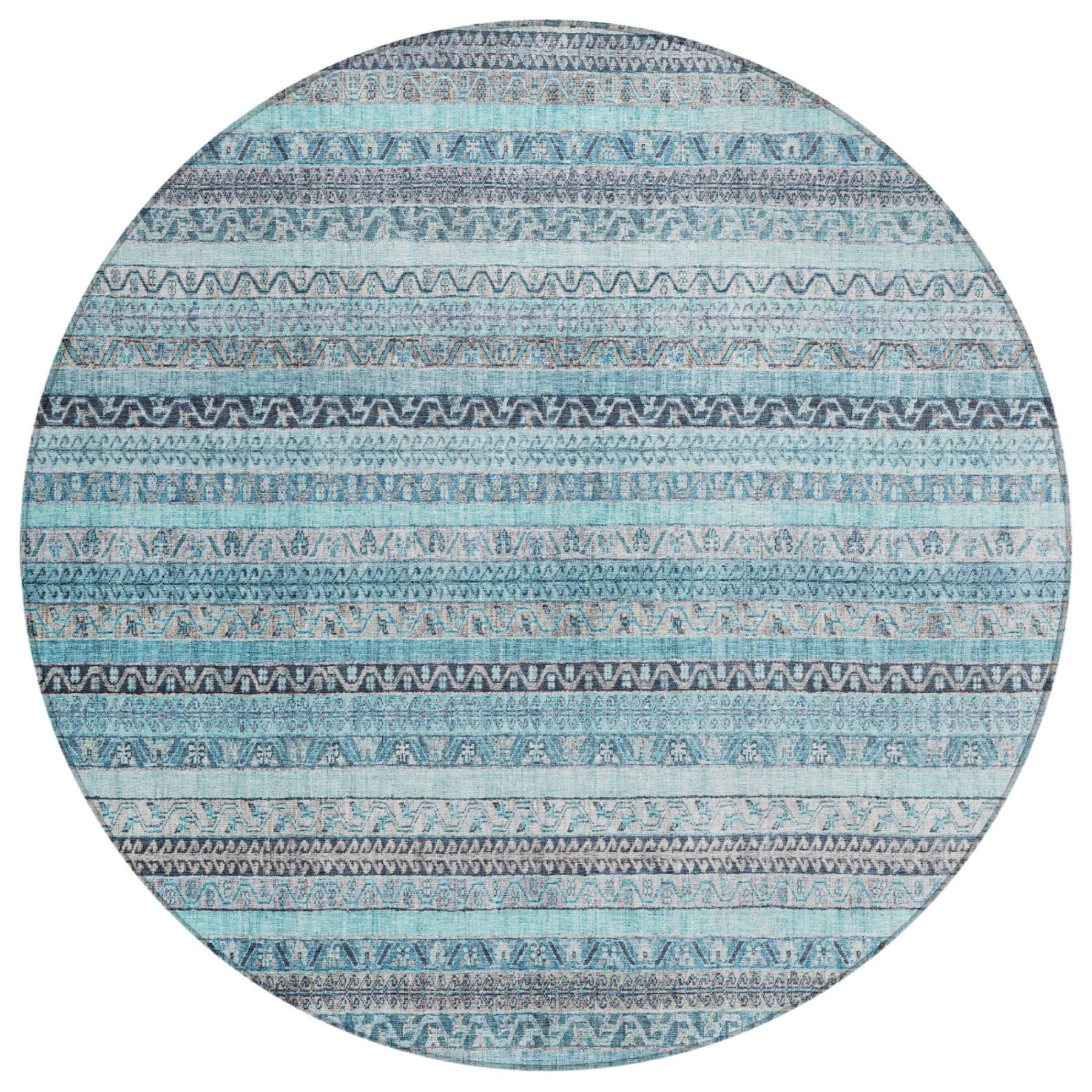 8' Turquoise And Teal Blue Round Striped Washable Indoor Outdoor Area Rug Homeroots Outdoor