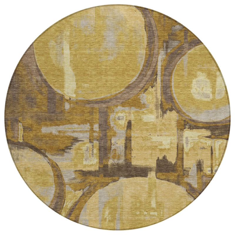8' Walnut And Gold Round Abstract Washable Indoor Outdoor Area Rug Homeroots Outdoor