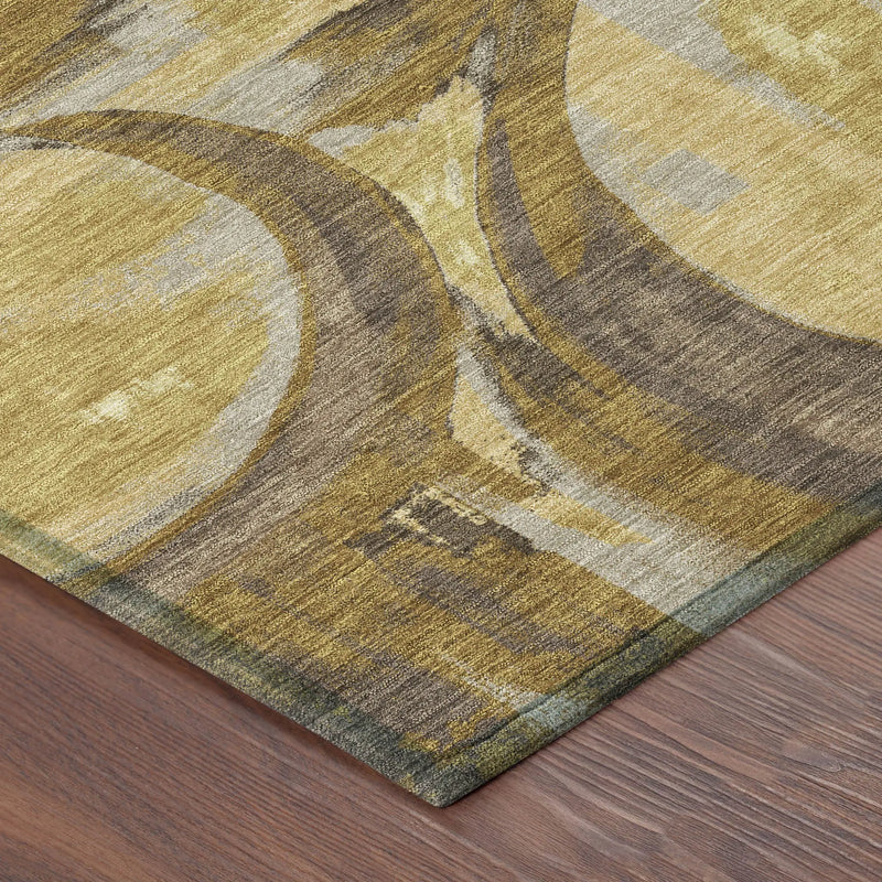 8' Walnut And Gold Round Abstract Washable Indoor Outdoor Area Rug Homeroots Outdoor