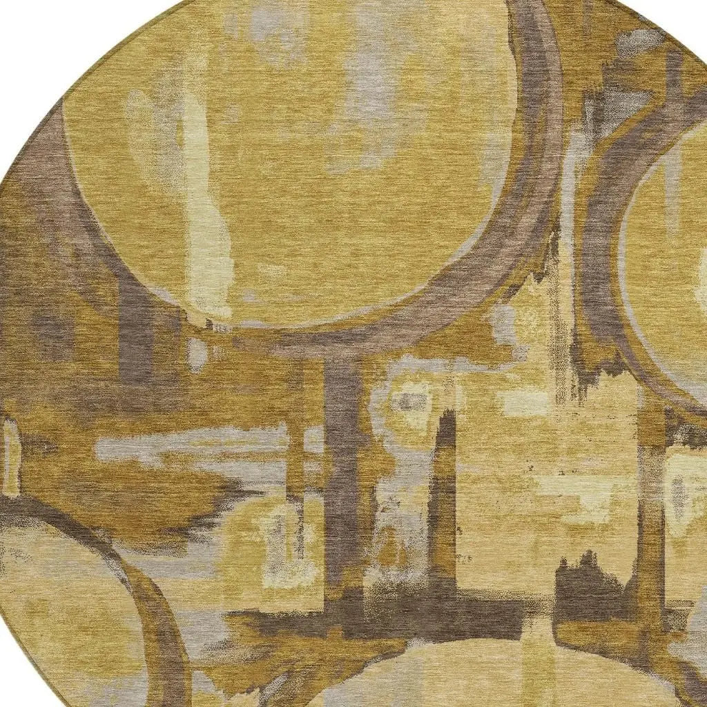 8' Walnut And Gold Round Abstract Washable Indoor Outdoor Area Rug Homeroots Outdoor
