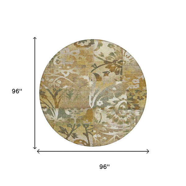8' Walnut And Gold Round Botanical Leaves Washable Indoor Outdoor Area Rug Homeroots Outdoor