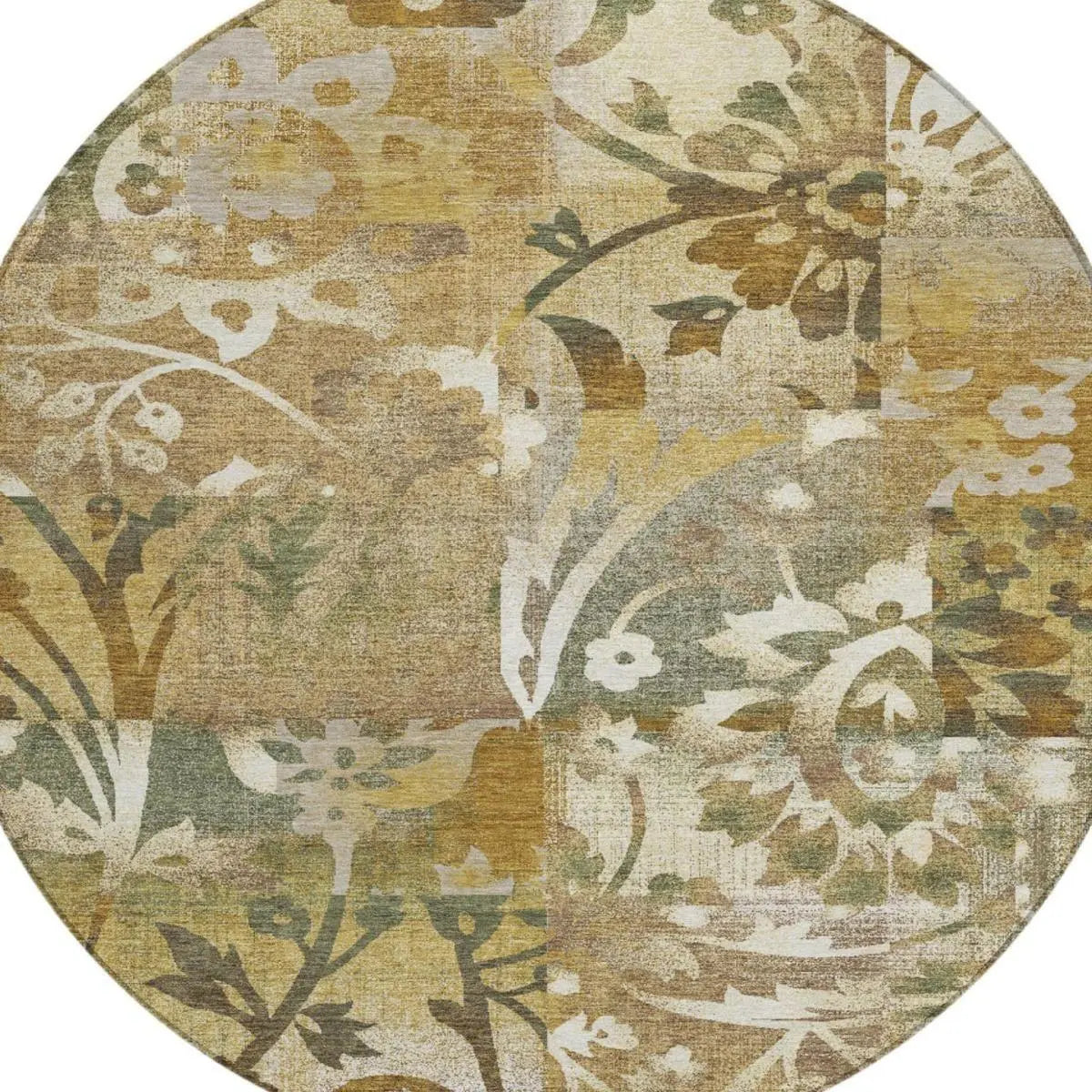 8' Walnut And Gold Round Botanical Leaves Washable Indoor Outdoor Area Rug Homeroots Outdoor