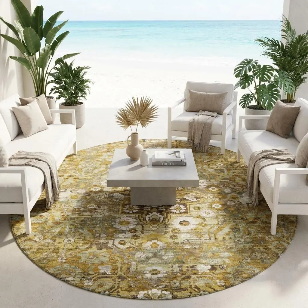 8' Walnut And Gold Round Floral Medallion Washable Indoor Outdoor Area Rug Homeroots Outdoor