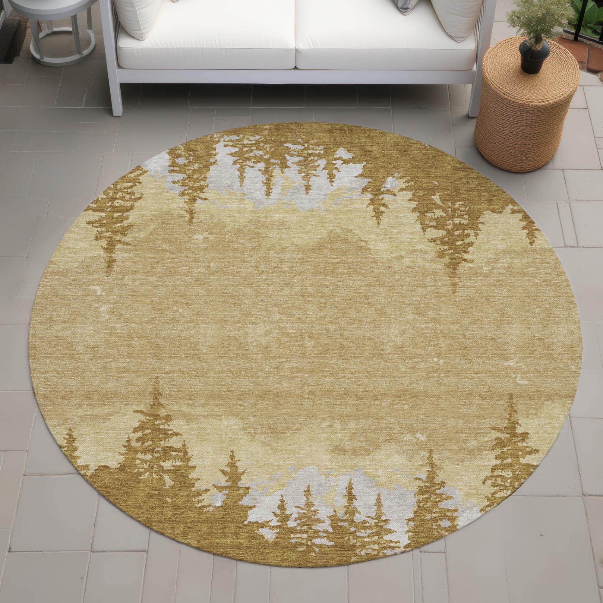 8' Walnut And Gold Round Floral Washable Indoor Outdoor Area Rug Homeroots Outdoor