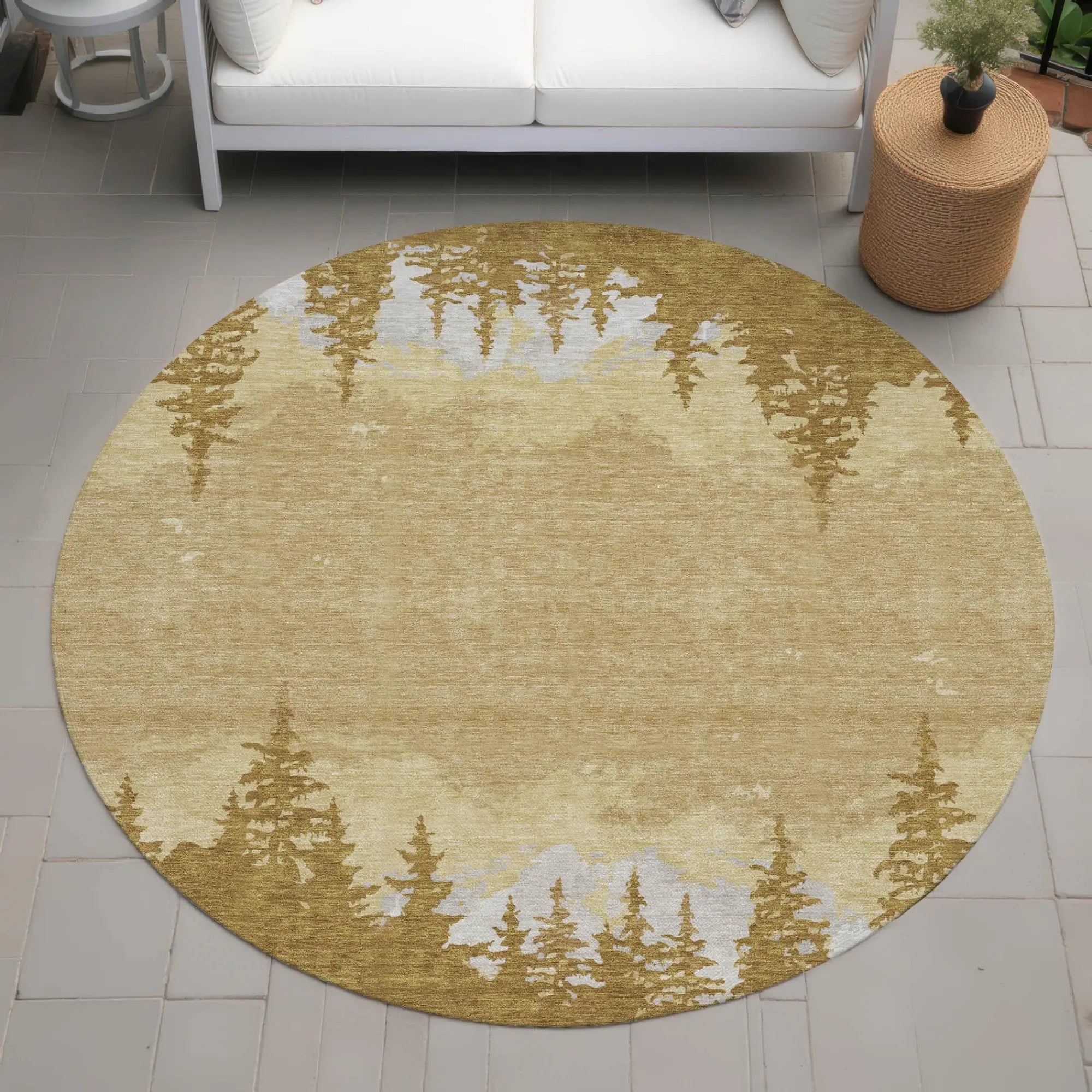 8' Walnut And Gold Round Floral Washable Indoor Outdoor Area Rug Homeroots Outdoor