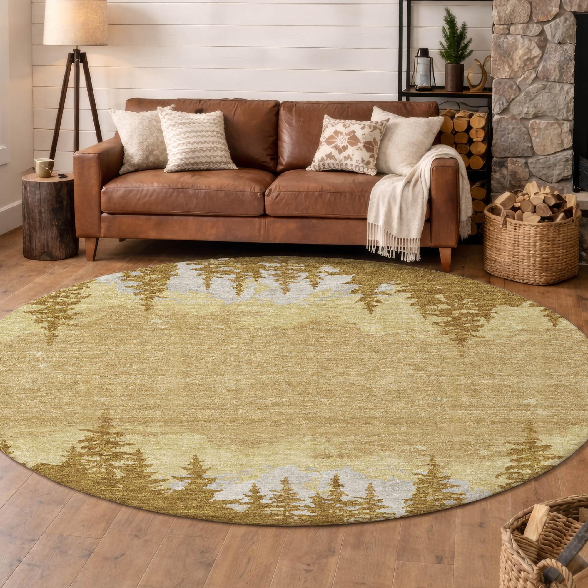 8' Walnut And Gold Round Floral Washable Indoor Outdoor Area Rug Homeroots Outdoor