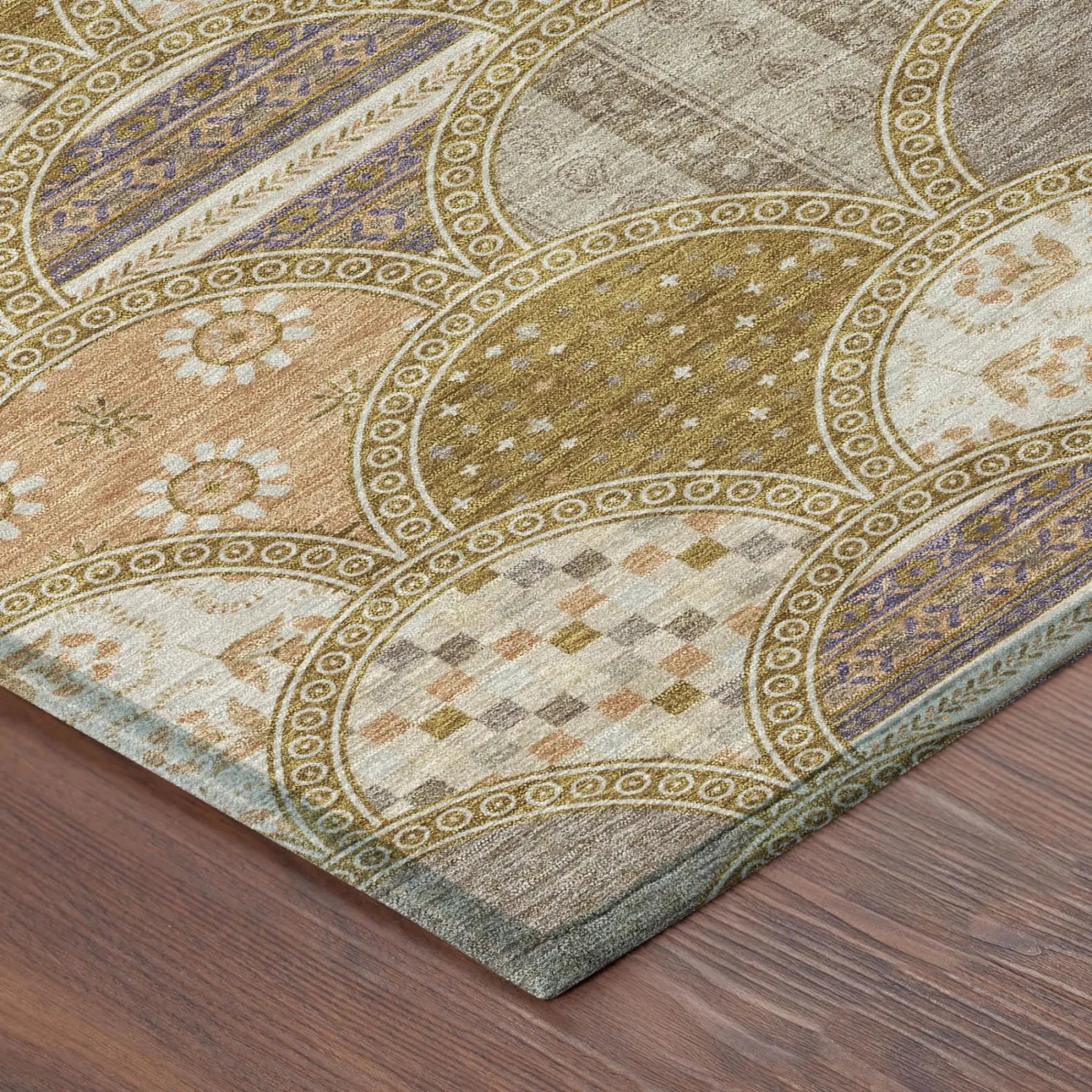 8' Walnut And Gold Round Geometric Washable Indoor Outdoor Area Rug Homeroots Outdoor