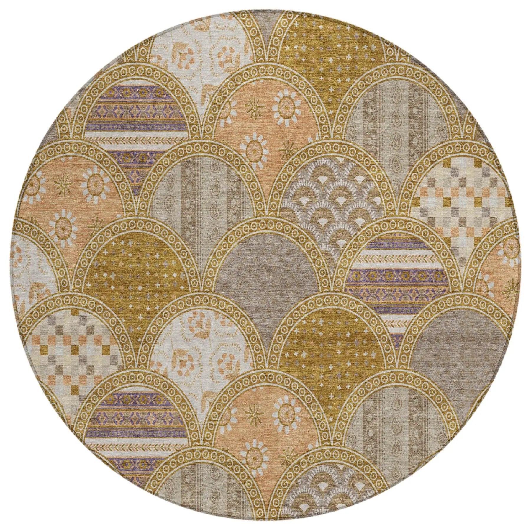 8' Walnut And Gold Round Geometric Washable Indoor Outdoor Area Rug Homeroots Outdoor