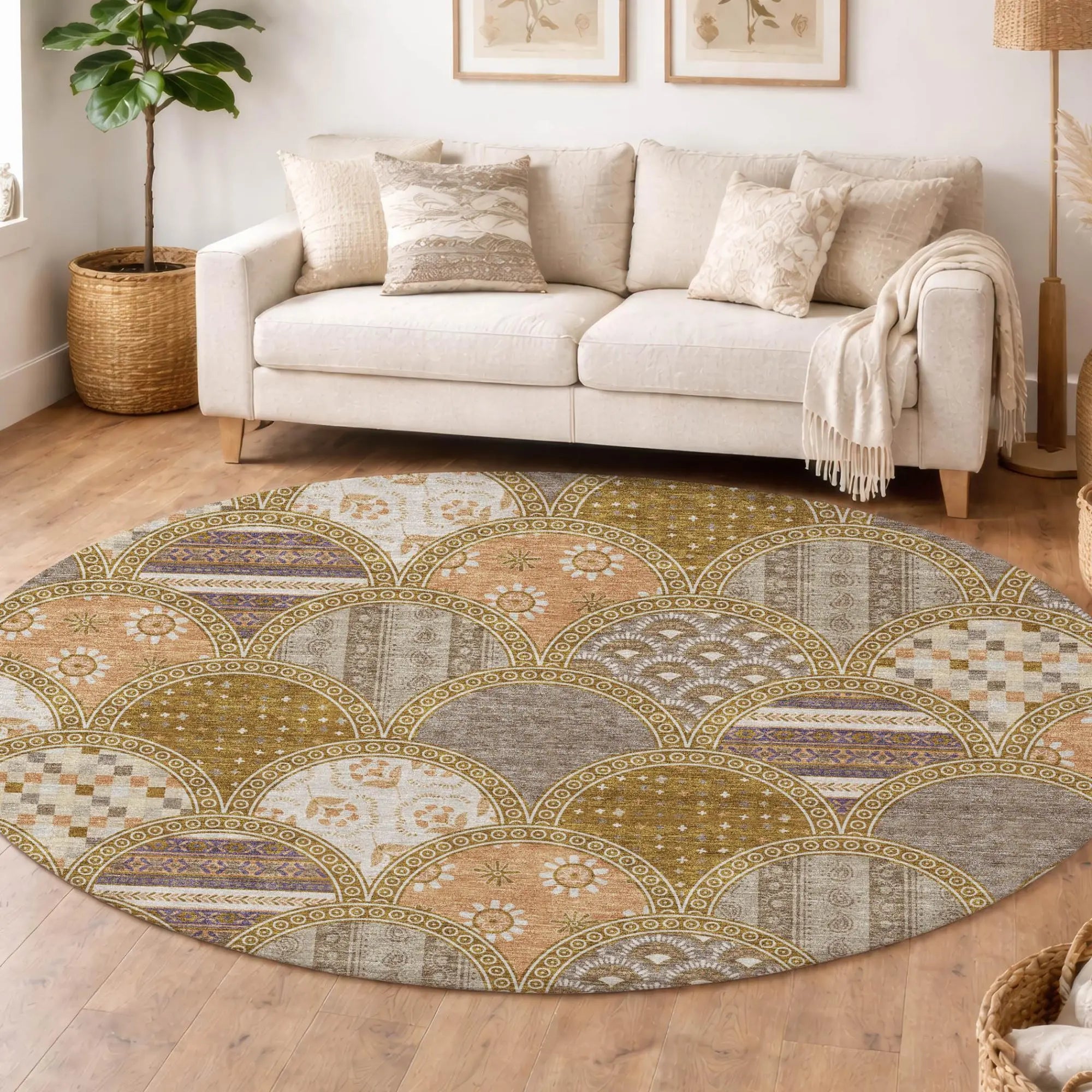 8' Walnut And Gold Round Geometric Washable Indoor Outdoor Area Rug Homeroots Outdoor