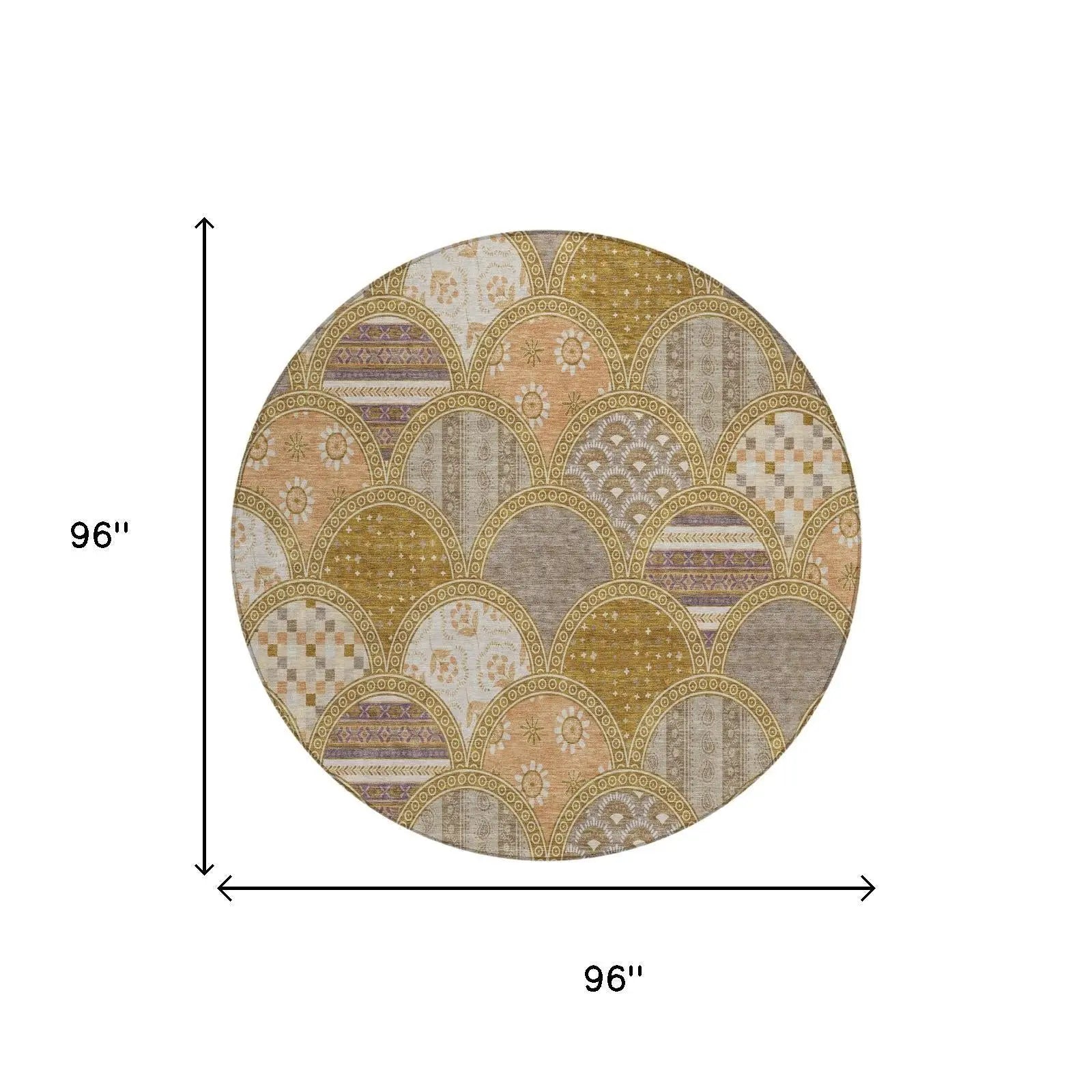 8' Walnut And Gold Round Geometric Washable Indoor Outdoor Area Rug Homeroots Outdoor