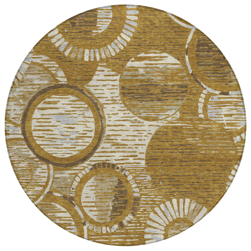 8' Walnut And Gold Round Geometric Washable Indoor Outdoor Area Rug Homeroots Outdoor