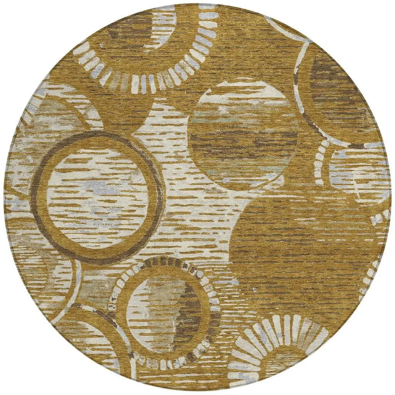 8' Walnut And Gold Round Geometric Washable Indoor Outdoor Area Rug Homeroots Outdoor