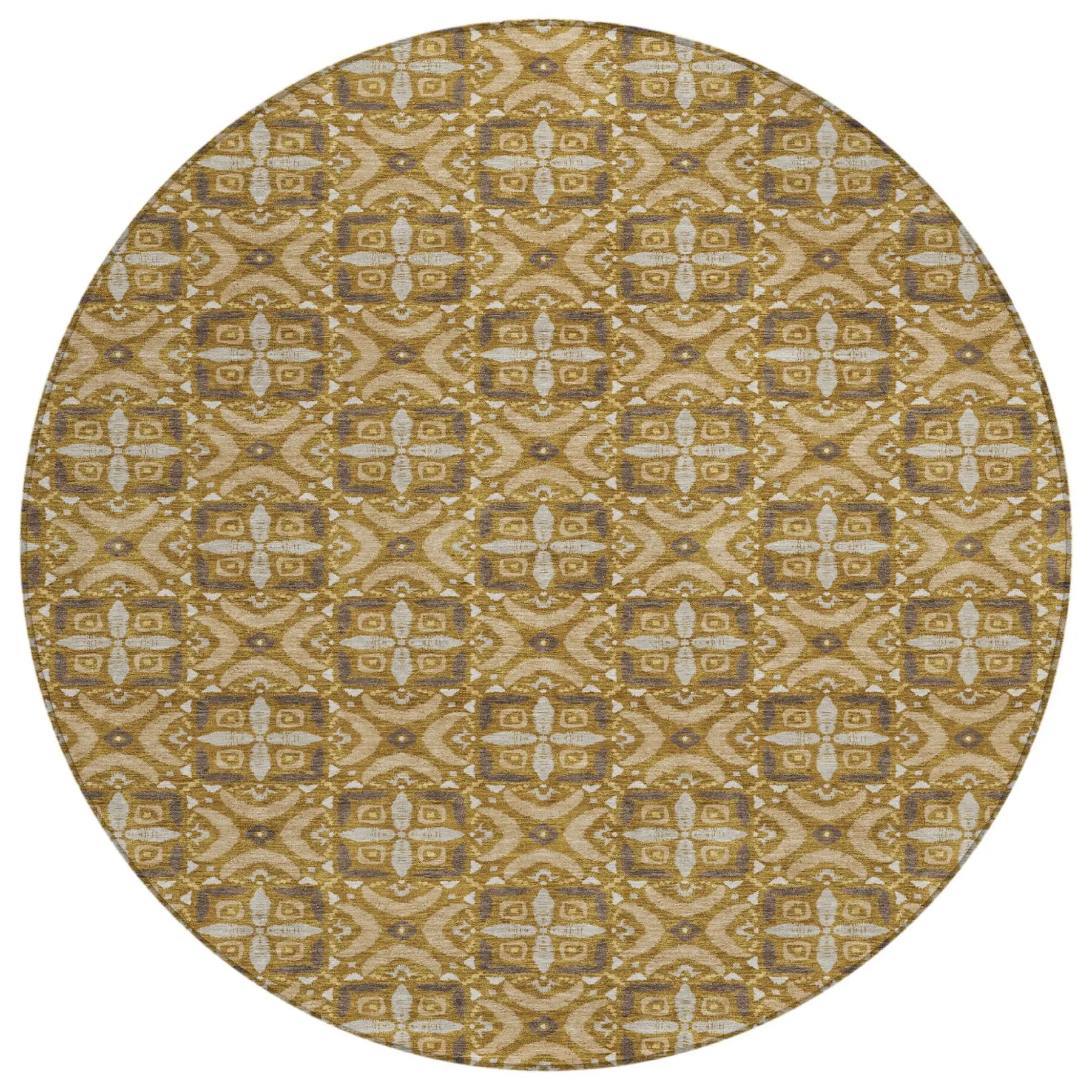 8' Walnut And Gold Round Geometric Washable Indoor Outdoor Area Rug Homeroots Outdoor
