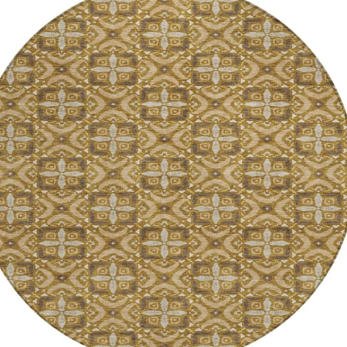 8' Walnut And Gold Round Geometric Washable Indoor Outdoor Area Rug Homeroots Outdoor