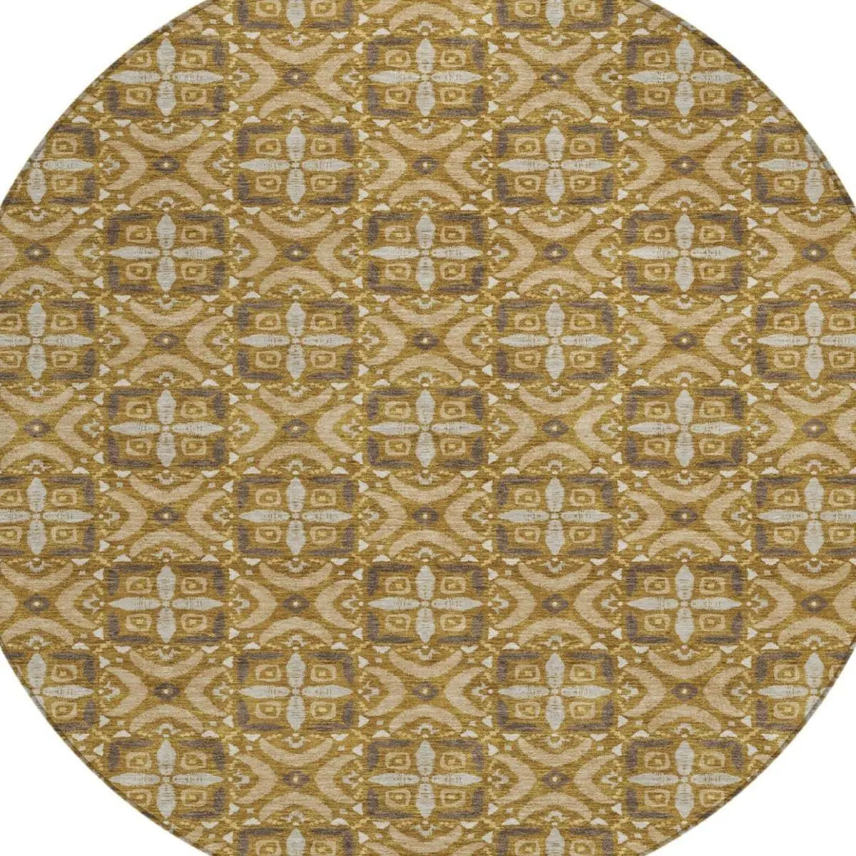8' Walnut And Gold Round Geometric Washable Indoor Outdoor Area Rug Homeroots Outdoor