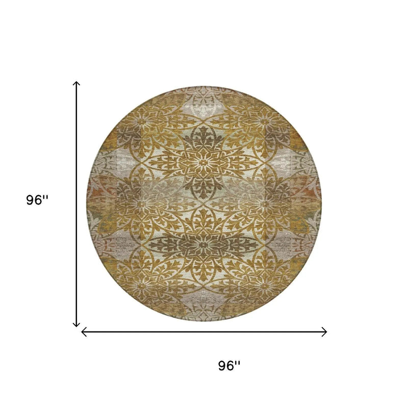 8' Walnut And Gold Round Oriental Washable Indoor Outdoor Area Rug Homeroots Outdoor