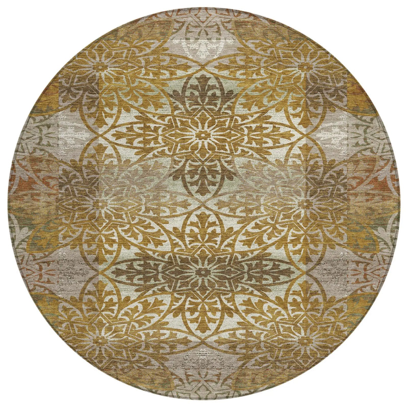 8' Walnut And Gold Round Oriental Washable Indoor Outdoor Area Rug Homeroots Outdoor