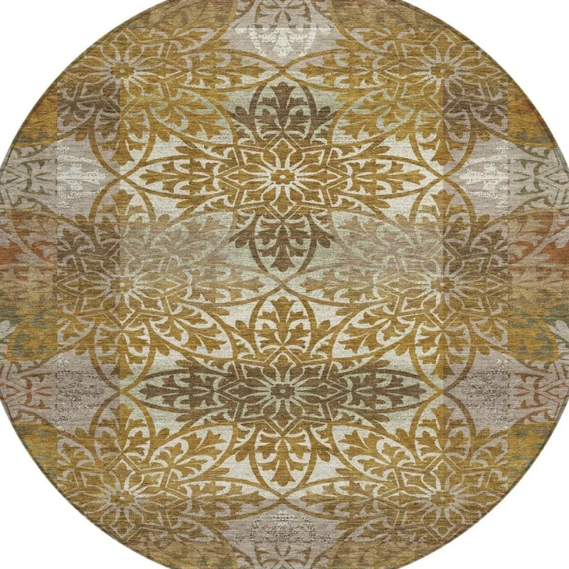 8' Walnut And Gold Round Oriental Washable Indoor Outdoor Area Rug Homeroots Outdoor