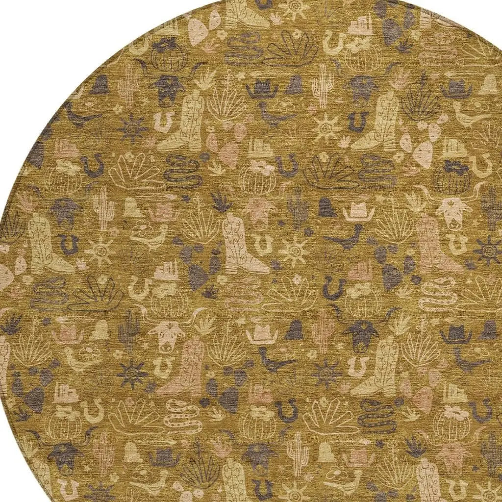 8' Walnut And Gold Round Stars Washable Indoor Outdoor Area Rug Homeroots Outdoor