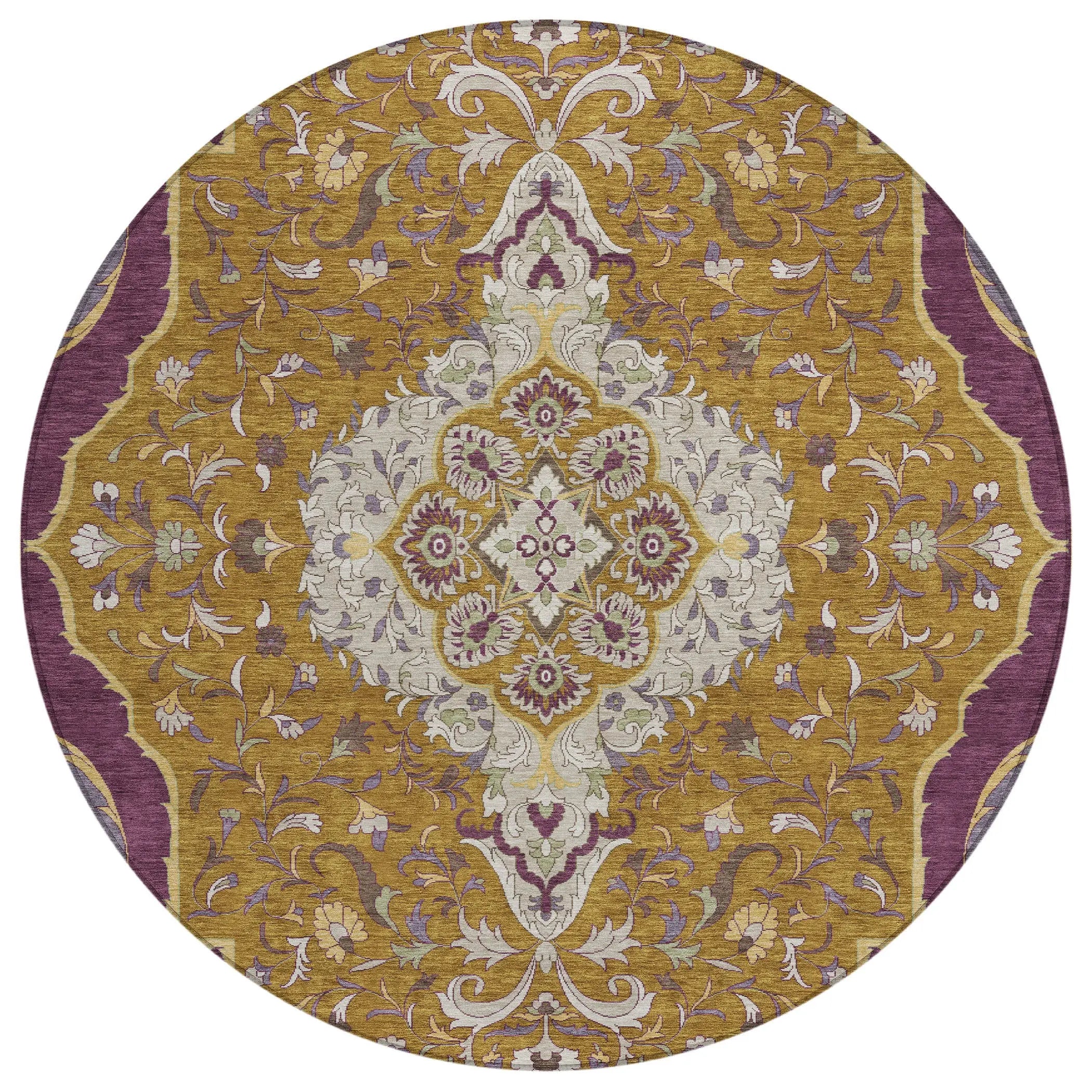 8' Walnut And Orange Round Medallion Washable Indoor Outdoor Area Rug Homeroots Outdoor