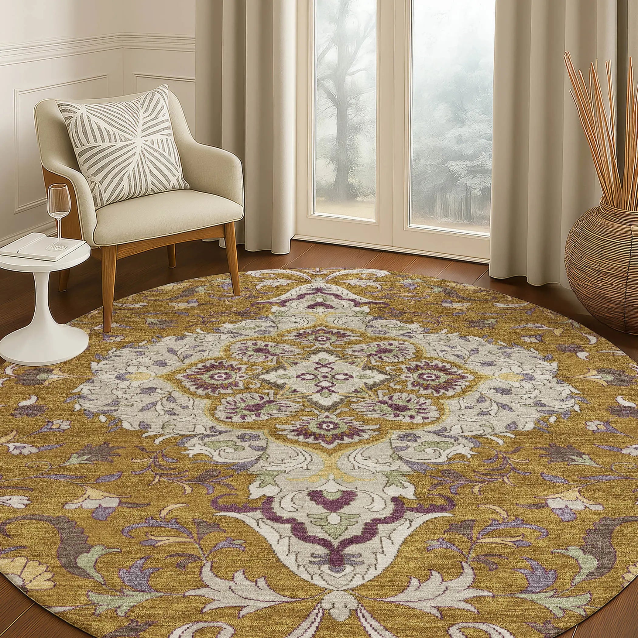 8' Walnut And Orange Round Medallion Washable Indoor Outdoor Area Rug Homeroots Outdoor