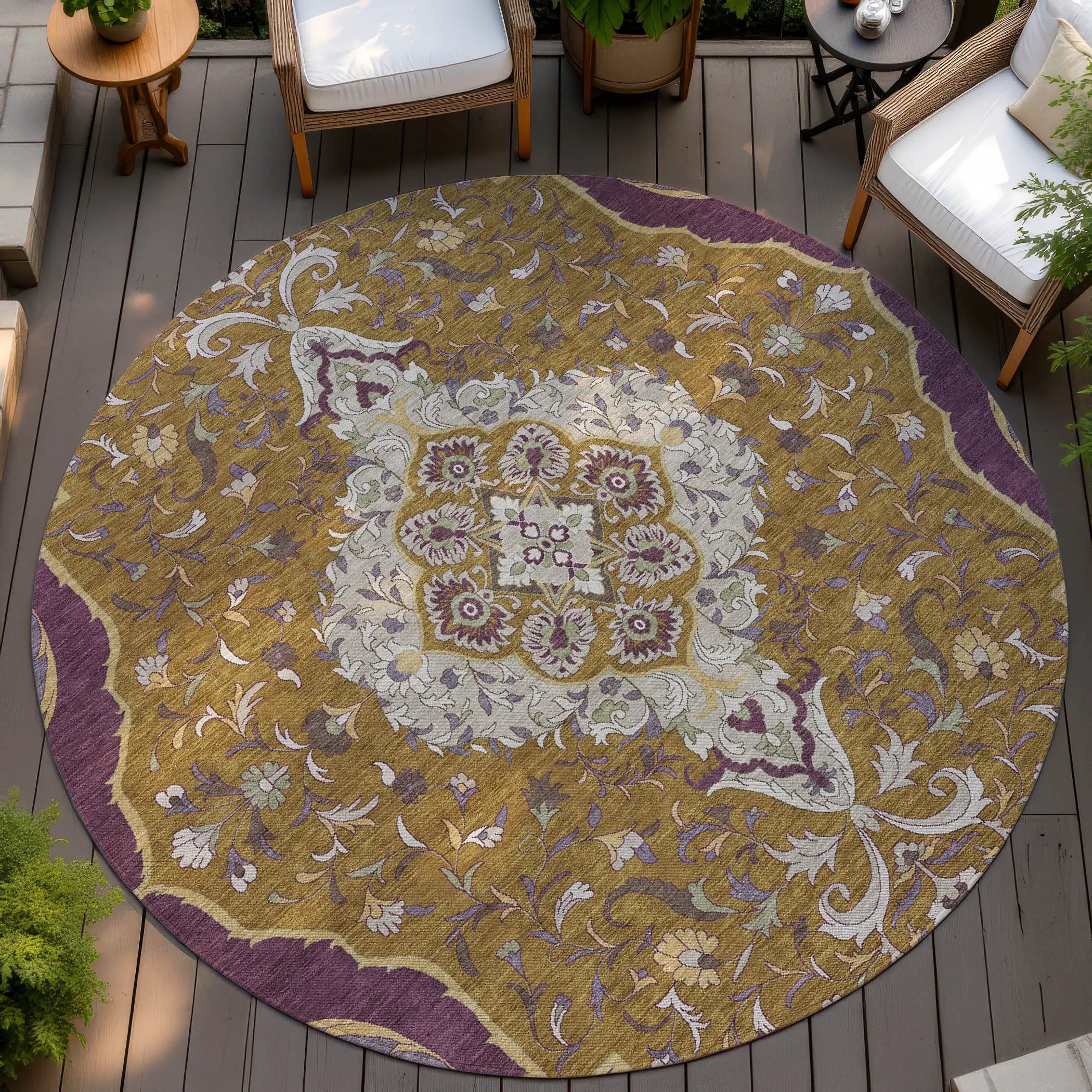 8' Walnut And Orange Round Medallion Washable Indoor Outdoor Area Rug Homeroots Outdoor