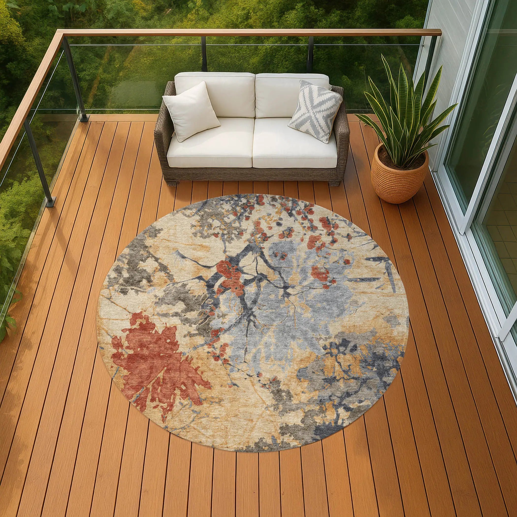 8' Wheat And Beige Round Abstract Washable Indoor Outdoor Area Rug Homeroots Outdoor