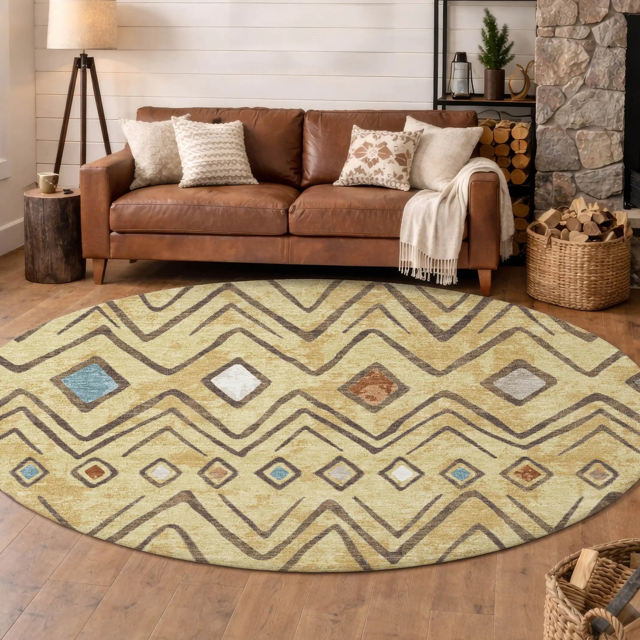 8' Wheat And Brown Round Geometric Washable Indoor Outdoor Area Rug Homeroots Outdoor