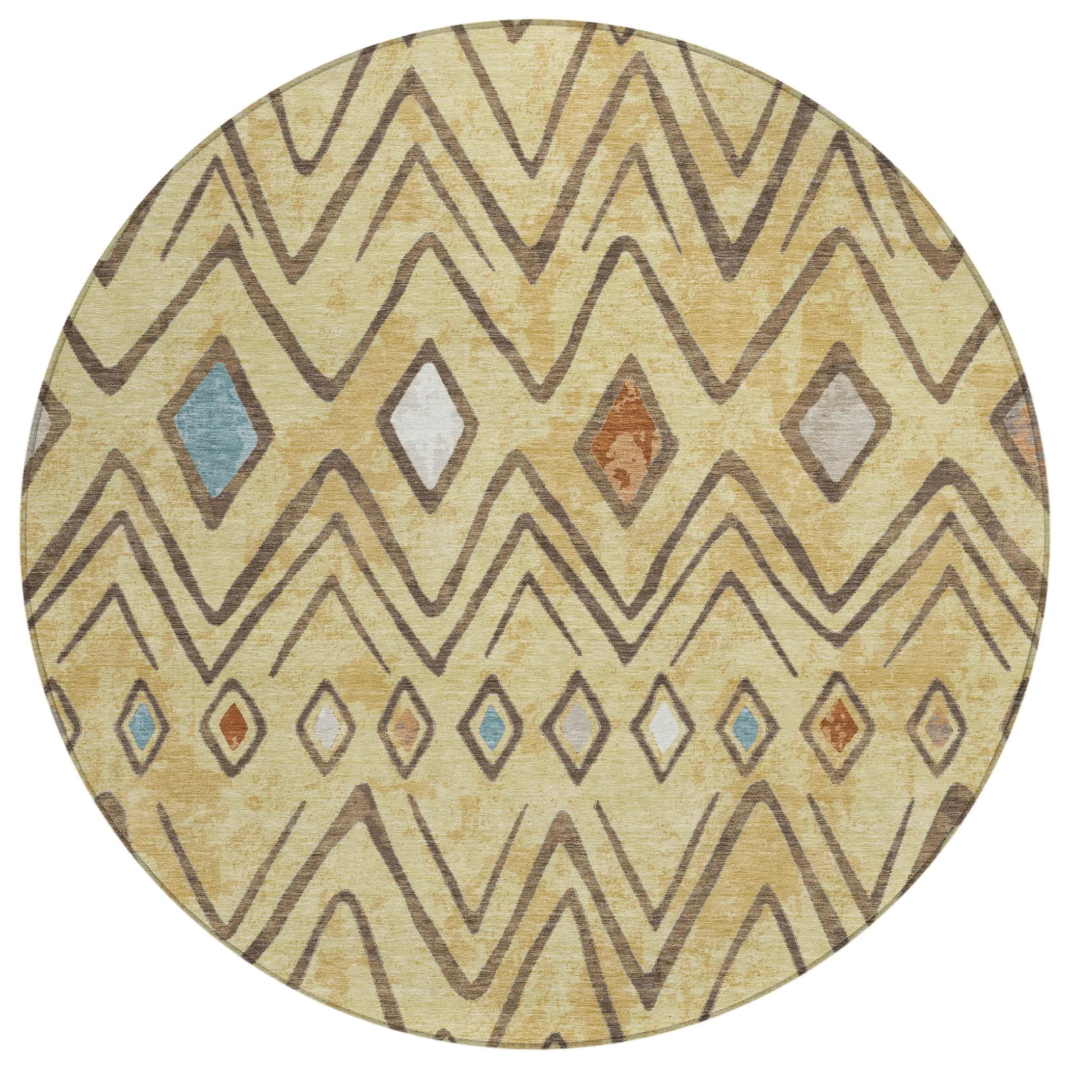 8' Wheat And Brown Round Geometric Washable Indoor Outdoor Area Rug Homeroots Outdoor