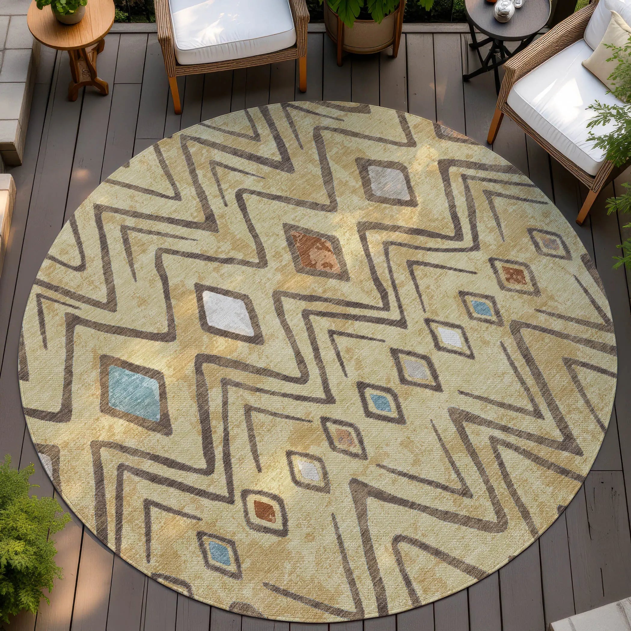 8' Wheat And Brown Round Geometric Washable Indoor Outdoor Area Rug Homeroots Outdoor