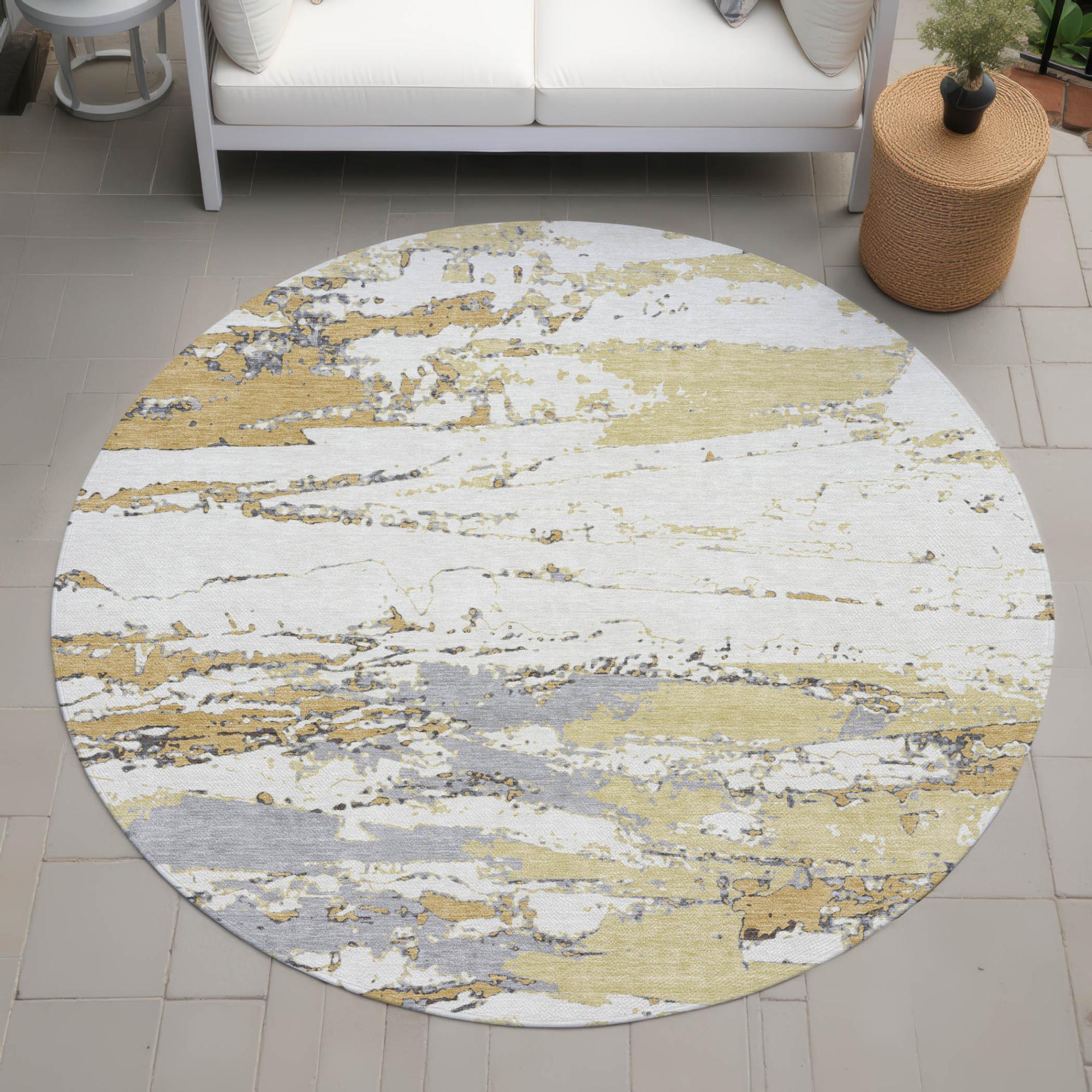 8' Wheat And Gold Round Abstract Washable Indoor Outdoor Area Rug Homeroots Outdoor