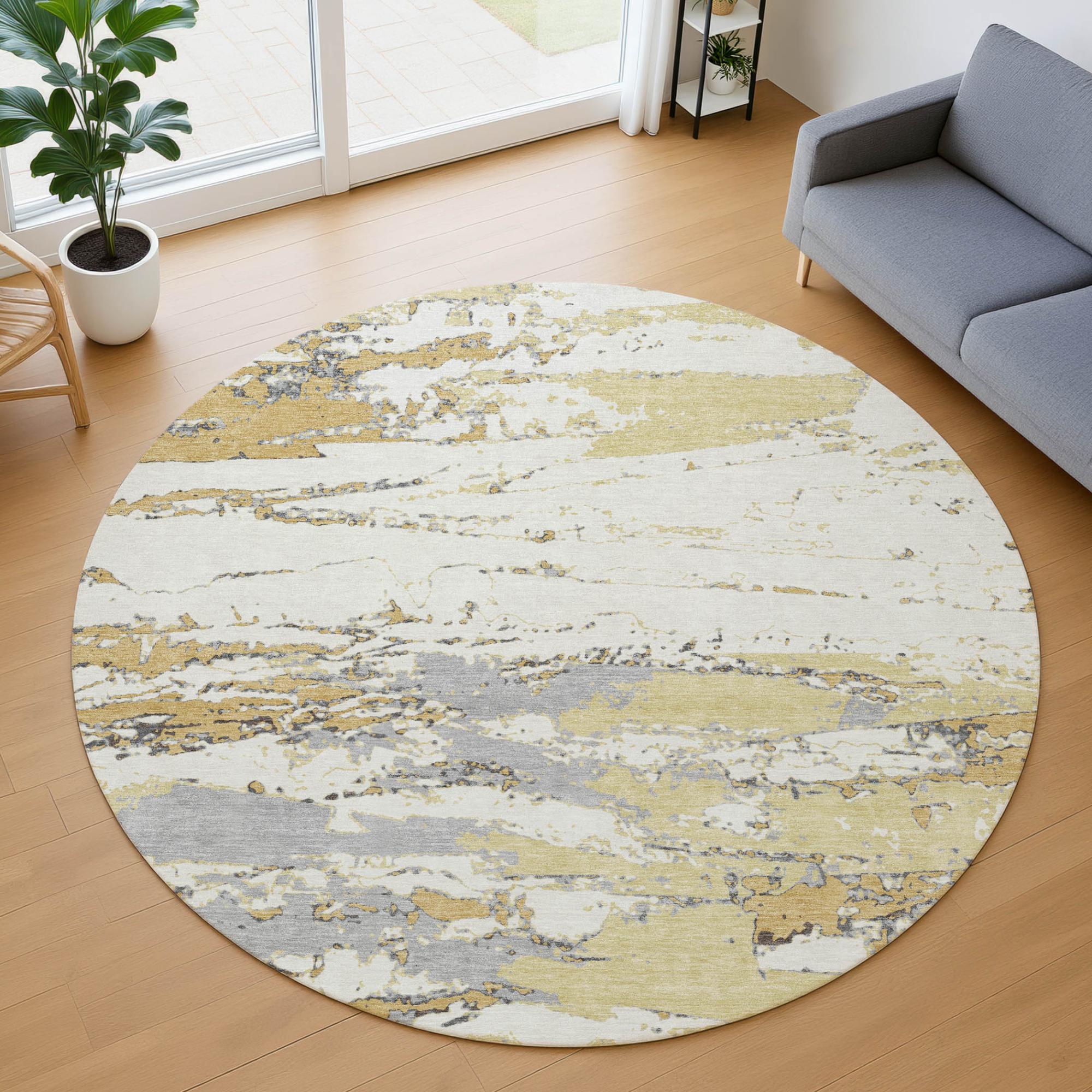 8' Wheat And Gold Round Abstract Washable Indoor Outdoor Area Rug Homeroots Outdoor