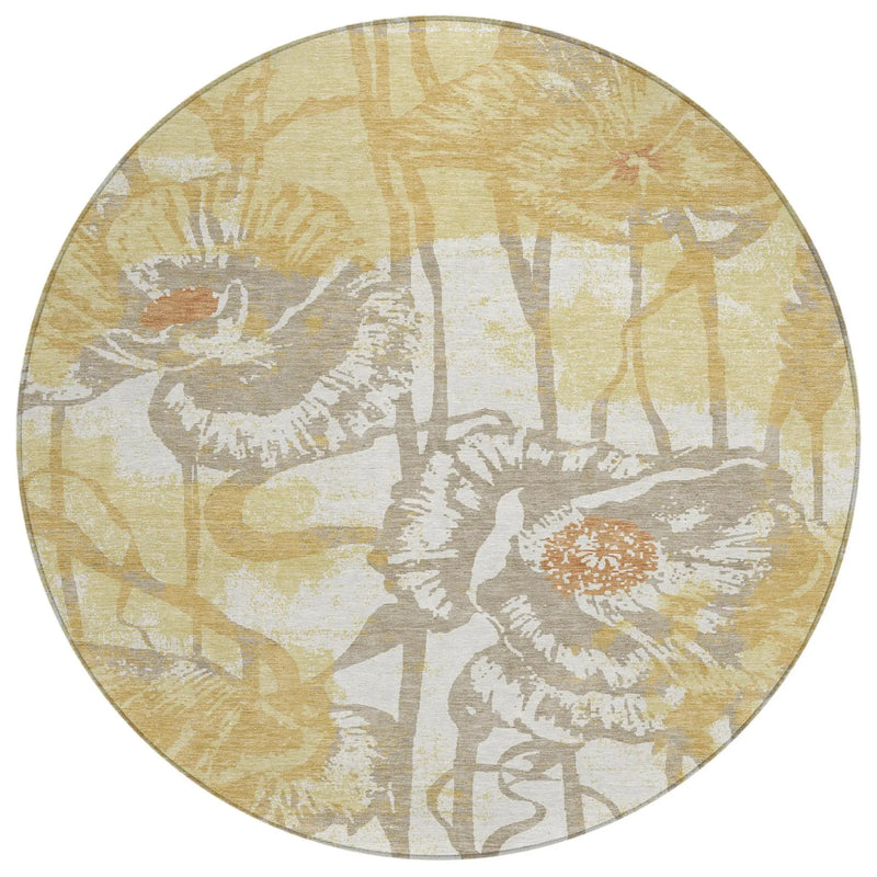 8' Wheat And Gold Round Floral Washable Indoor Outdoor Area Rug Homeroots Outdoor